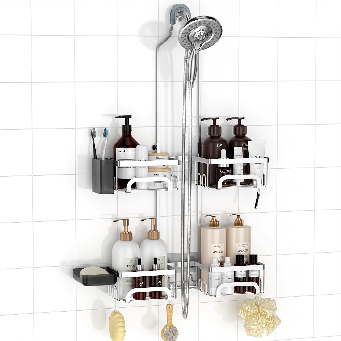 REINHARDT Adjustable Shower Caddy Hanging Split Shower Caddy for Handheld Showerheads, Rustproof Shower Organizer with Hooks for Razor Over the Head Caddy with Soap Holder Bathroom Accessories, Silver
