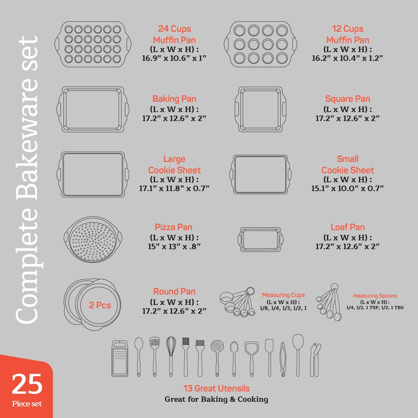 Emporio Kitchen Baking Pan Set - Nonstick Coating, Carbon Steel Bakeware Set with Gray Silicone Handles, PFOA, PFOS, PTFE Free, Recipe Booklet Included, Oven Safe Tray (Up To 450° F), Set of 25 - Gray