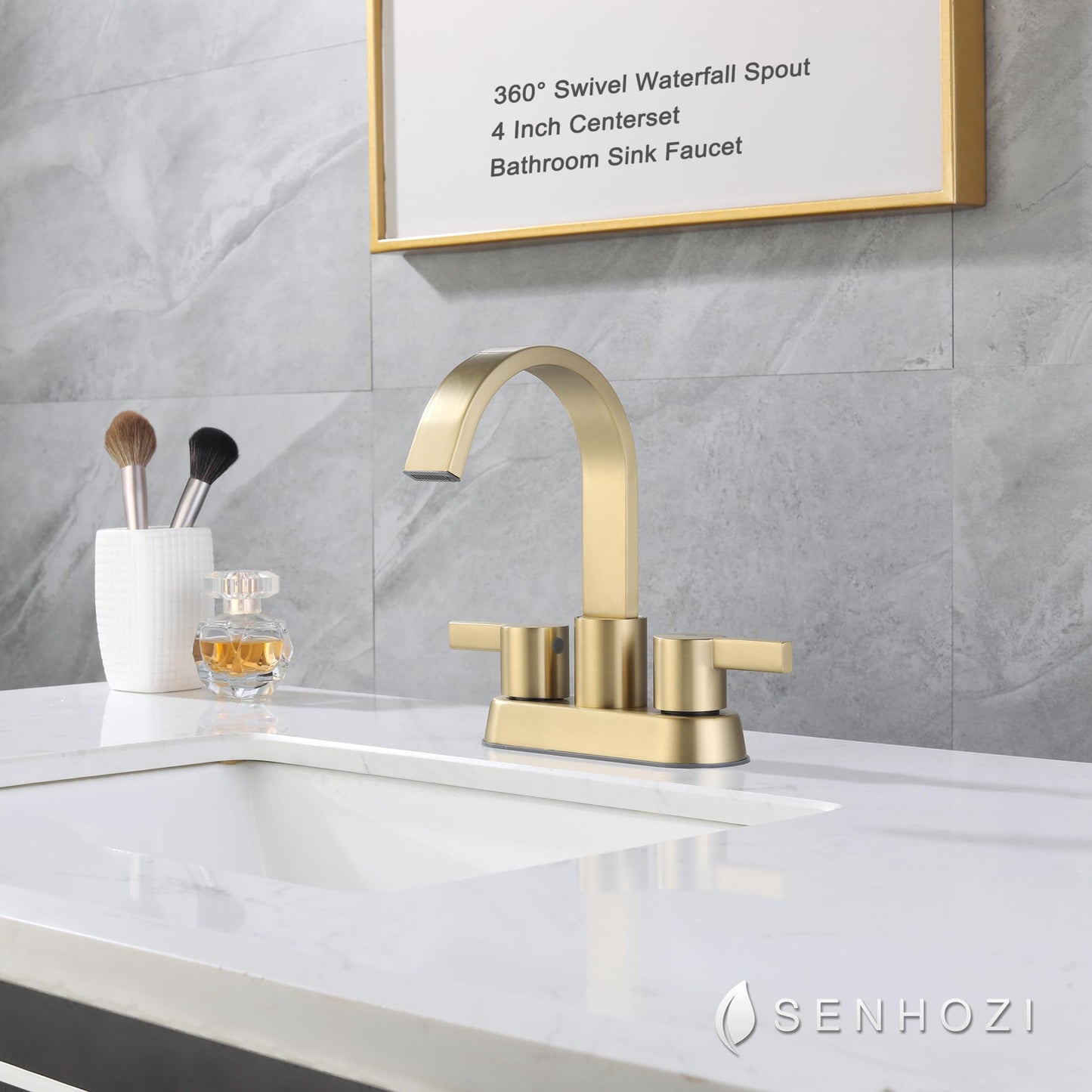 Senhozi Bathroom Sink Faucet 3 Hole Brushed Gold, 2 Handle 4 Inch Centerset Stainless Steel Bathroom Faucet with Pop up Drain and 2 Supply Lines, SE-0048-BG