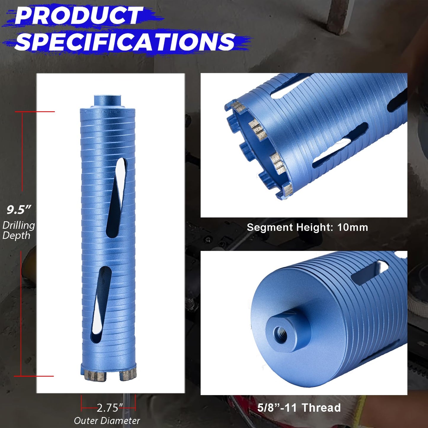 DaduoRi 2 3/4" Dry Core Drill Bit for Brick and Block with 3 Adapters Included: SDS Max, SDS Plus and 1/2" Hex Shank, 5/8"-11 Thread, 9.5" Drilling Depth for Concrete, Brick, Stucco,Masonry (2.75")