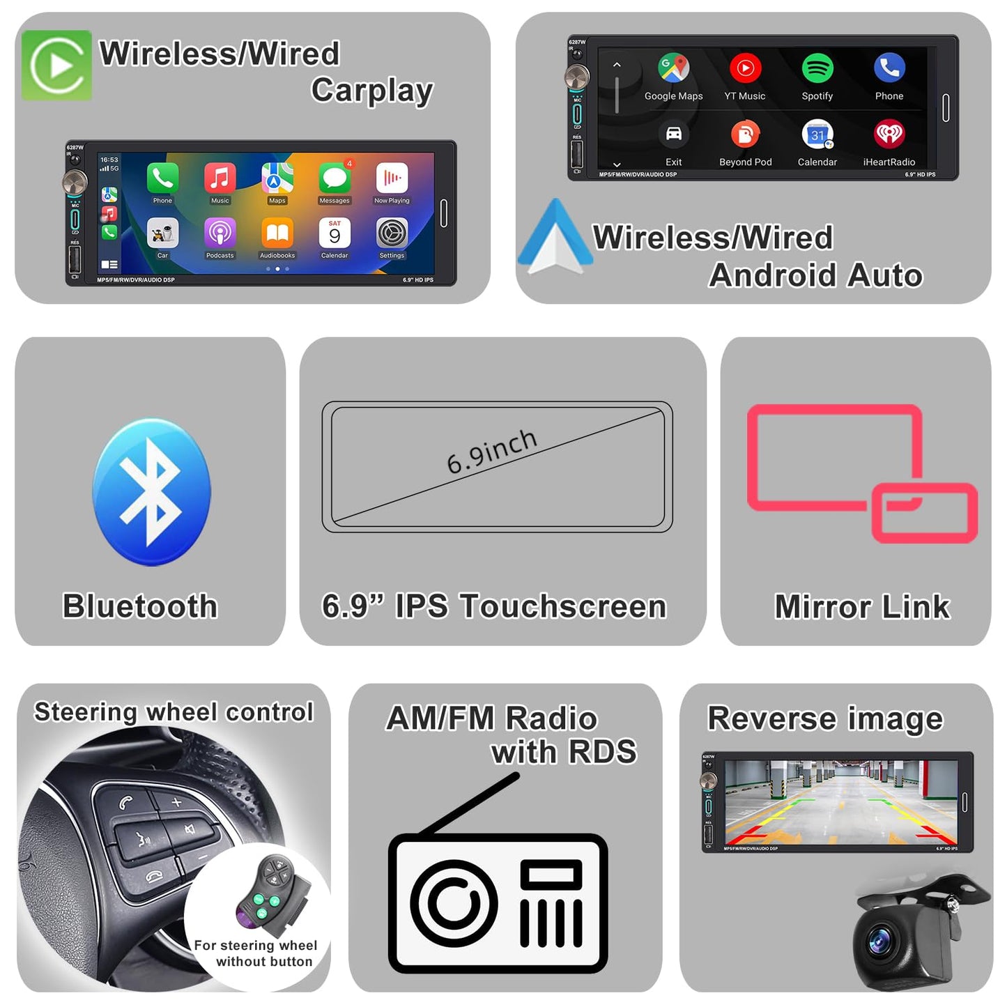 Alondy Single Din Car Touchscreen Radio (6.9-inch) Compatible with [Wireless] Apple CarPlay Android Auto Car Stereo Bluetooth USB (2.1A Type-C Fast Charge) Backup Camera RCA
