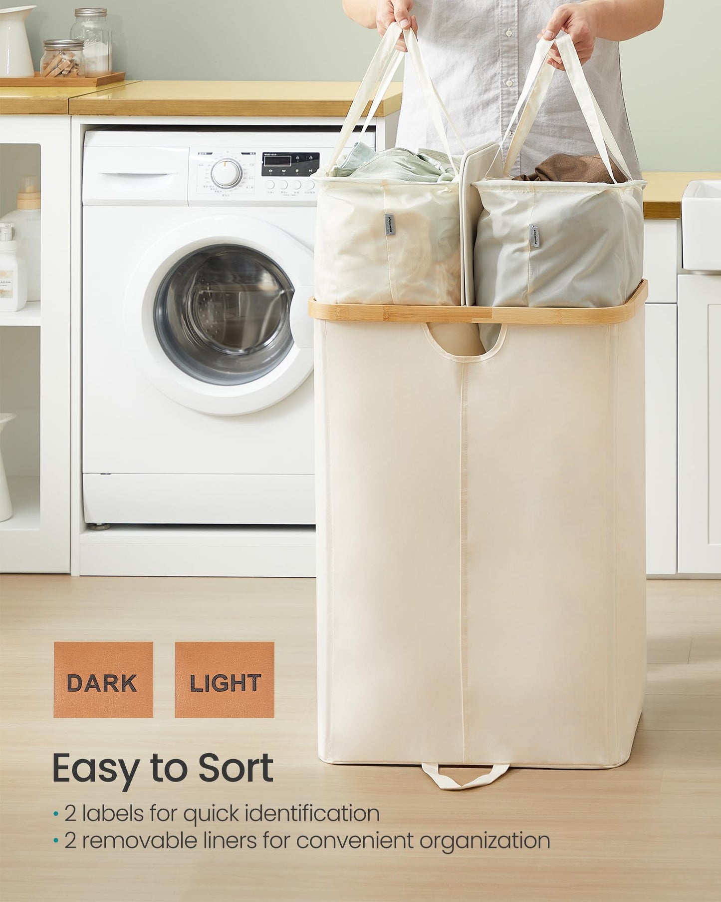 SONGMICS Laundry Hamper with Lids, Laundry Basket with 2 Compartments, 39 Gal. (150 L), Removable Liner Bag, for Laundry Room, Bedroom, Living Room, Cream White and Light Bamboo ULCB523W01