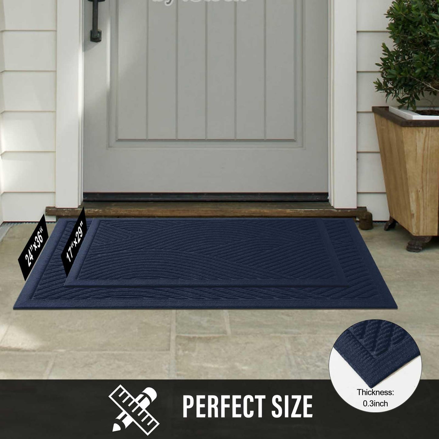 HIYARD Sturdy Front Door Mat, Absorbent Muddy Dirt Resist Welcome Door Mats Outdoor Indoor, Stain and Fade Resistant, Non-Slip Backing Entry Mat Low Profile Doormat for Entryway, 36×24, Blue