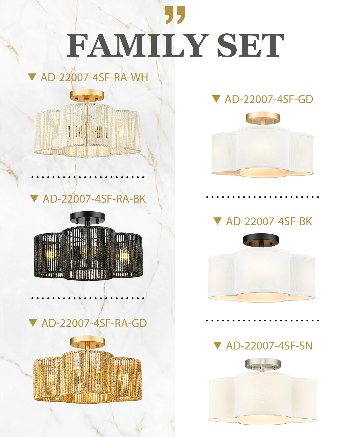 Audickic Gold Semi Flush Mount Ceiling Lights, 14" 4-Light Ceiling Light Fixtures with Fabric Shade in Quatrefoil Shape, Farmhouse Brass Drum Lighting for Kitchen Hallway Bedroom, AD-22007-4SF-GD