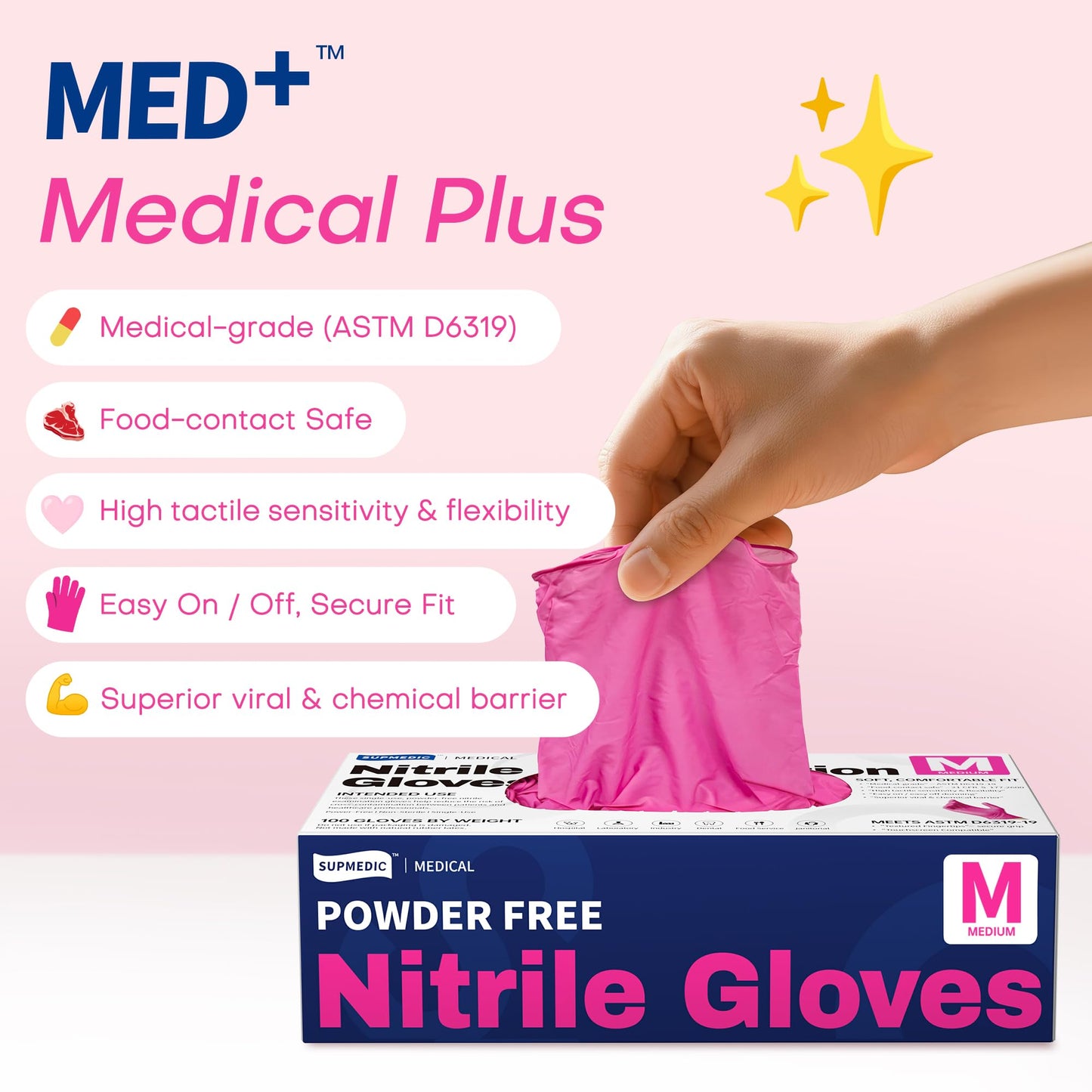 Supmedic Nitrile Exam Gloves, 4 Mil 1000 Ct, Powder-Free Latex-Free Cooking Food-Safe Disposable Medical Gloves, Rose Orchid (Medium)