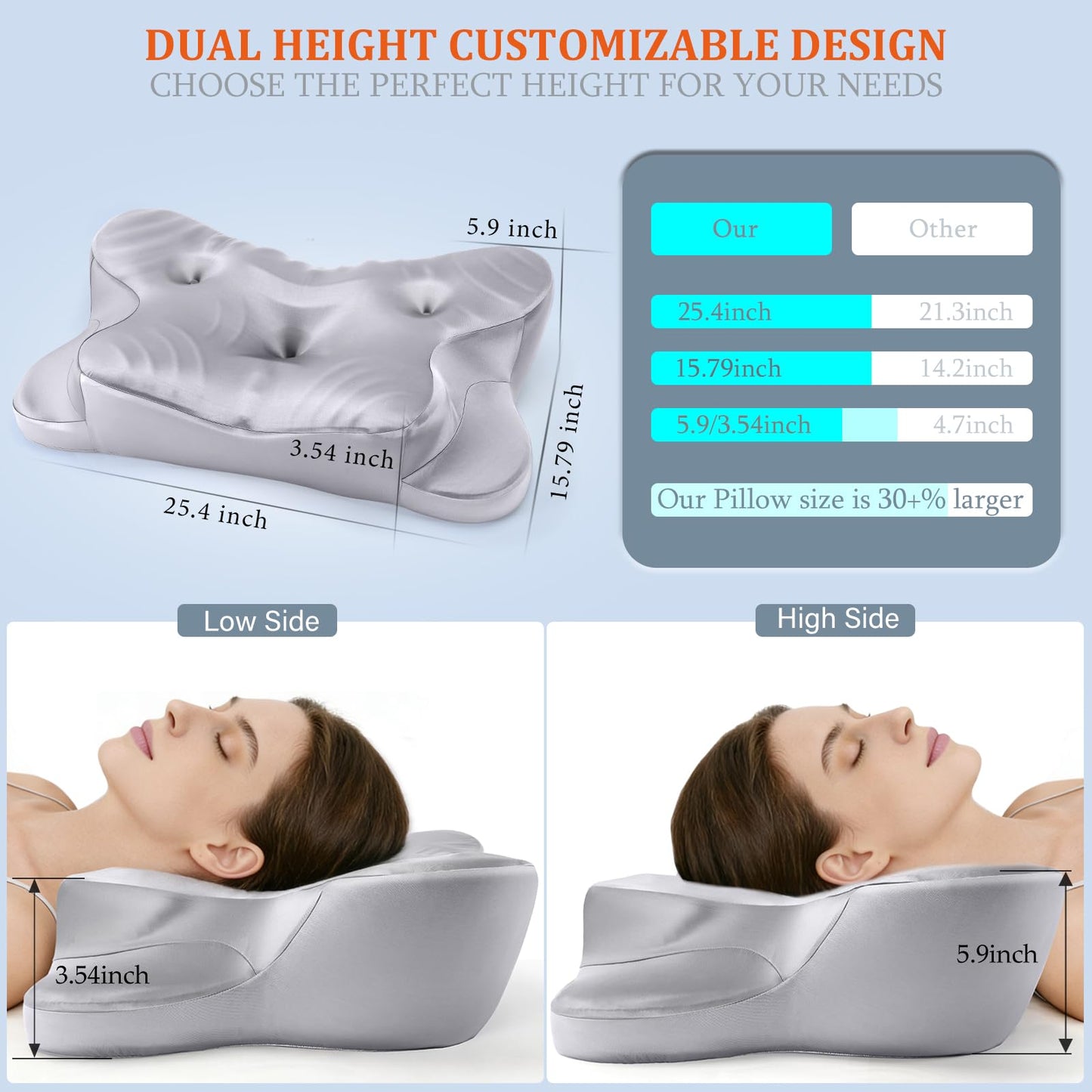 CCidea Dual Ear Relief Zone Contour Pillow, Ice Silk Satin Cervical Memory Foam Pillow for Sleeping, Ergonomic Neck Support for Side, Back & Stomach Sleepers (Grey-Pillow)