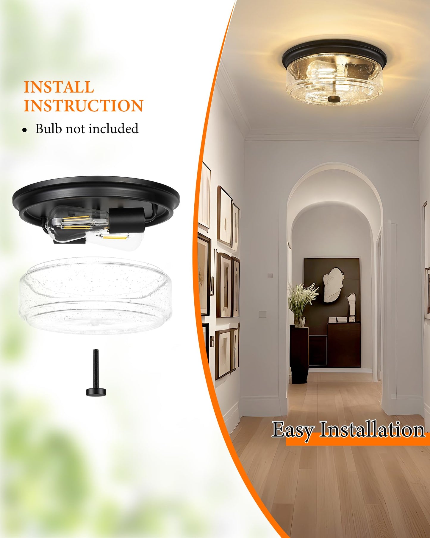 FOITTON Black Flush Mount Ceiling Light, 12 Inch 2-Light Industrial Farmhouse Light Fixture with Seeded Glass Shade for Kitchen, Hallway, Entryway, Bedroom