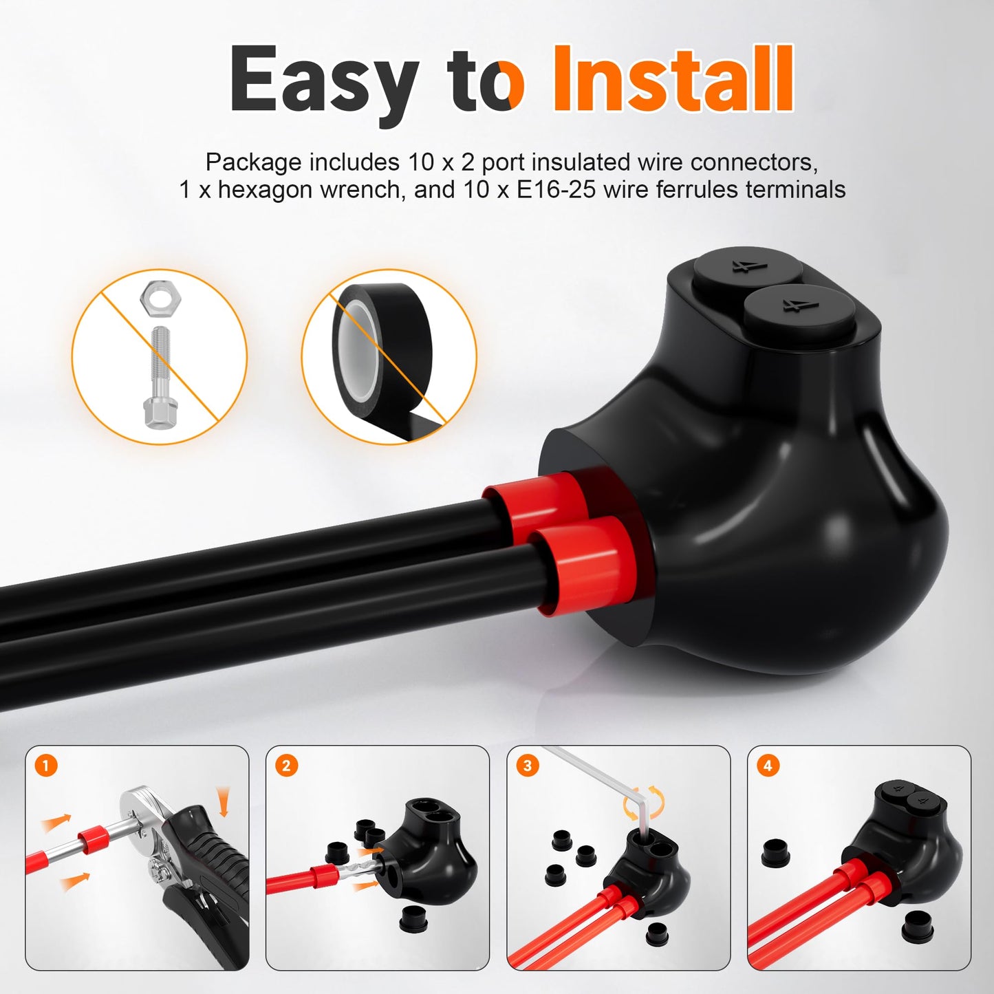 Joinfworld 2 Port Insulated Multi Tap Connector Aluminum to Copper Wire Connectors 4-14AWG Single Side Entry Aluminum Black Electrical Cable Connectors with Slotted Allen Hex - 10 Pack