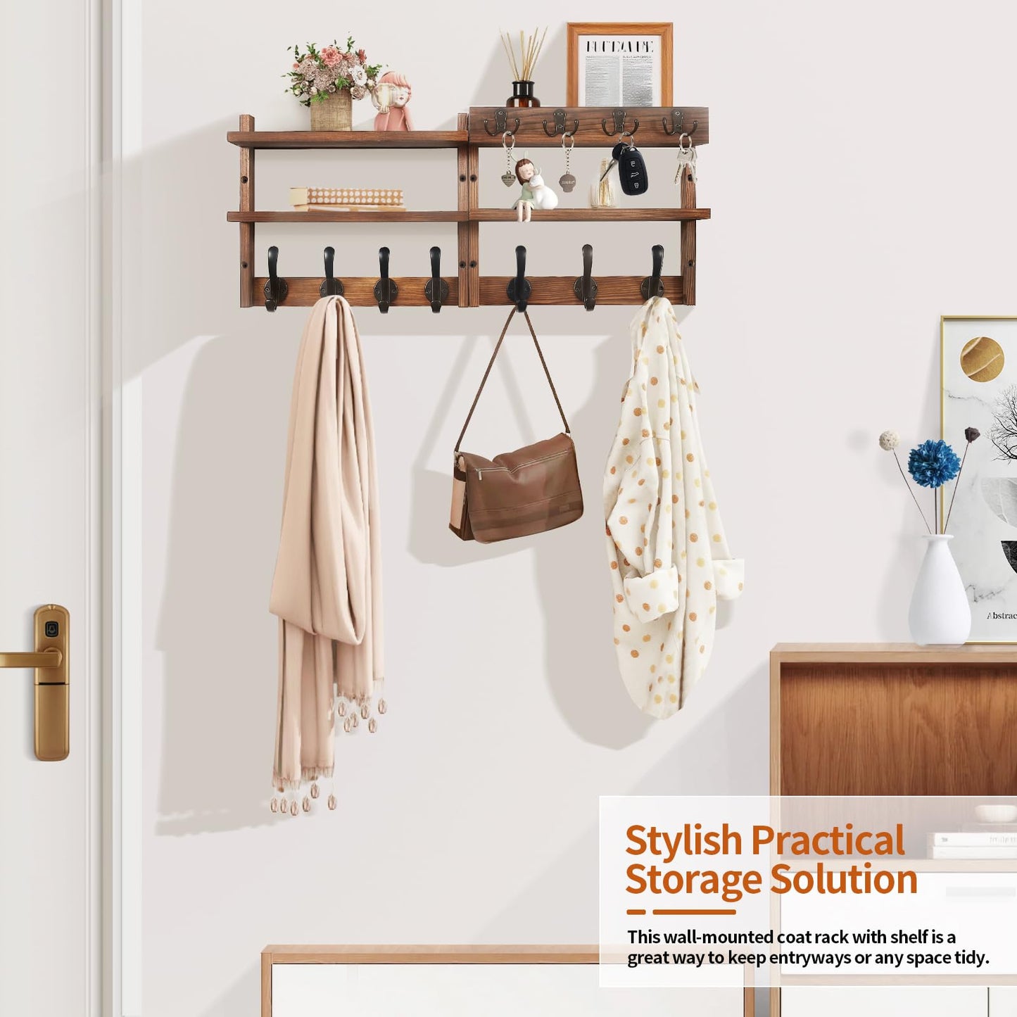 29" Coat Rack Wall Mount with Shelf, Pine Two-Tier Wall Shelf Mounted Coat and Key Hanger with 7 Heavy Duty Hooks 4 Key Hooks, Entryway Key Holder with Mail Holder for Bedroom,Living Room (Brown)