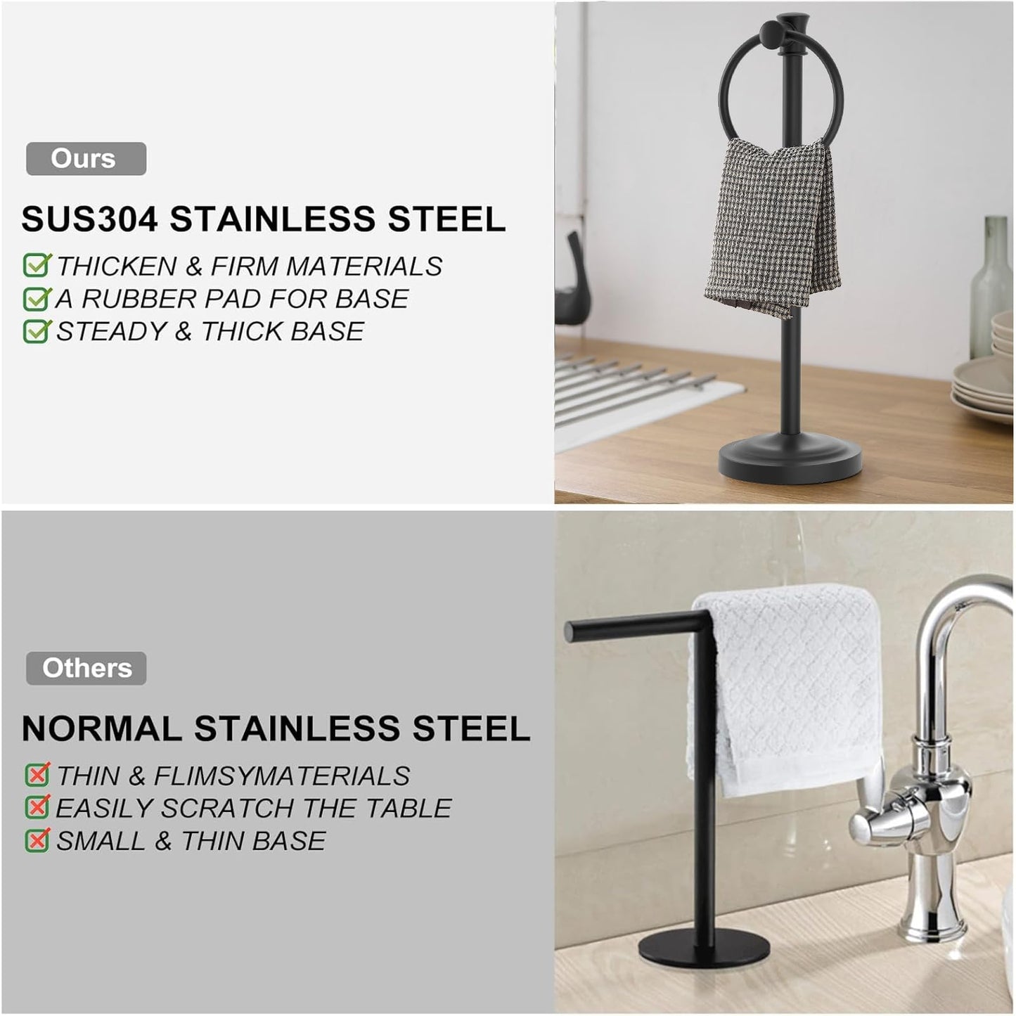 Hoimpro 17 Inch Stand Hand Towel Holder Towel Bar Towel Hanging Ring, Free Standing Floor Hand Towel Rack Storage for Bathroom Kitchen Vanity Countertops, Hardware Accessories(Matte Black)