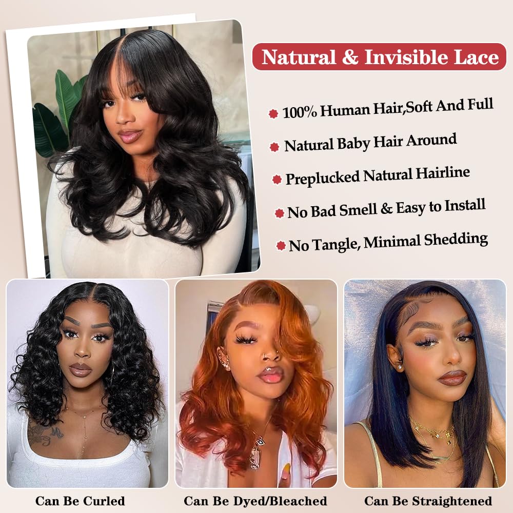 Devonia 14 Inch Bob Human Hair Wig 13x4 Body Wave Lace Front Wigs Human Hair Pre Plucked HD Frontal Lace Wig 180 Density Glueless Wigs for Women Bob Wigs Natural Black Color