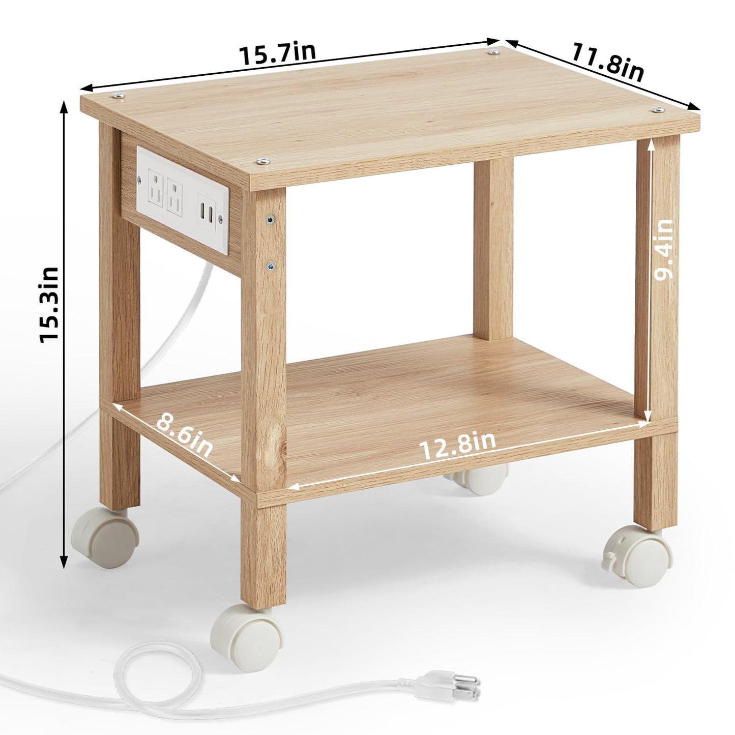 YUFAM 2 Tier Under Desk Printer Stand with Storage, Small Printer Table with Charging Station, Rolling Printer Cart Shelf with Lockable Wheels for Home, Office (Natural)