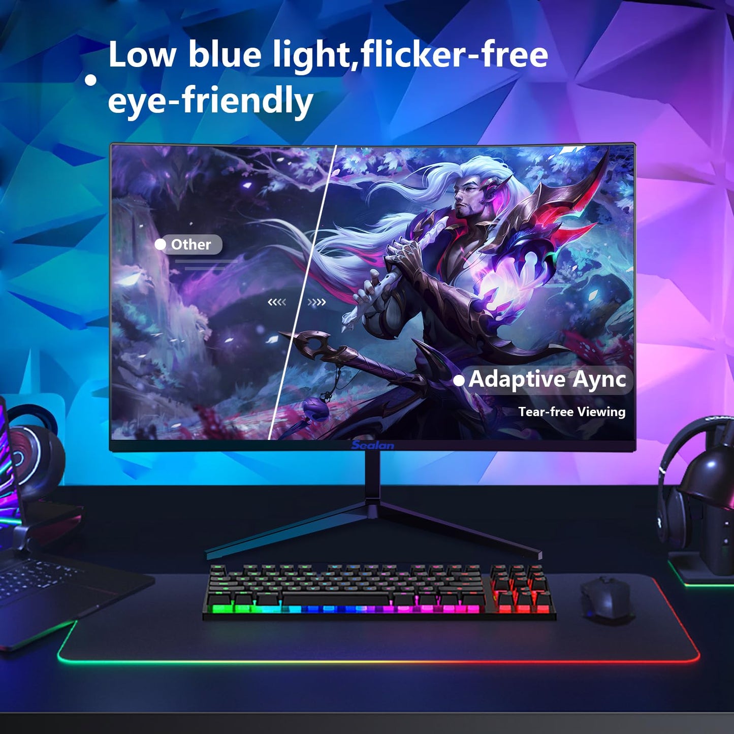 Sealan 24 inch Curved Gaming Computer Monitor FHD 1920x1080p 100Hz Refresh Rate 16:9 Aspect Ratio Free Sync Ergonomic Tilt Home Office Visual Experience for Work Play Support Wallmount (75x75mm)
