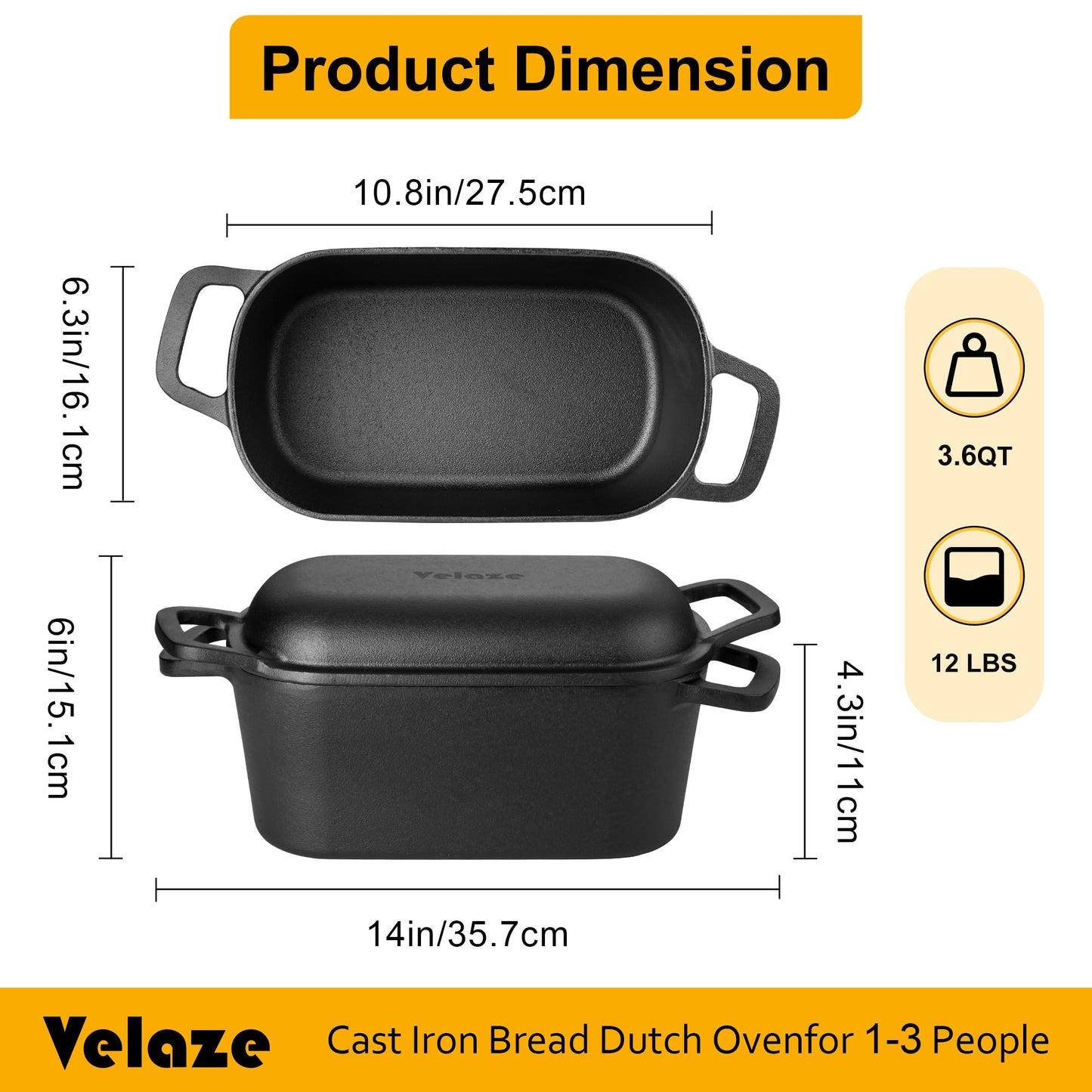 Velaze 3.6QT Dutch Oven for Bread Baking,Oval Cast Iron Bread Oven Pan with Lid and Offset Handles,Oven Safe to 500°F for Homemade Sourdough Bread(Black)