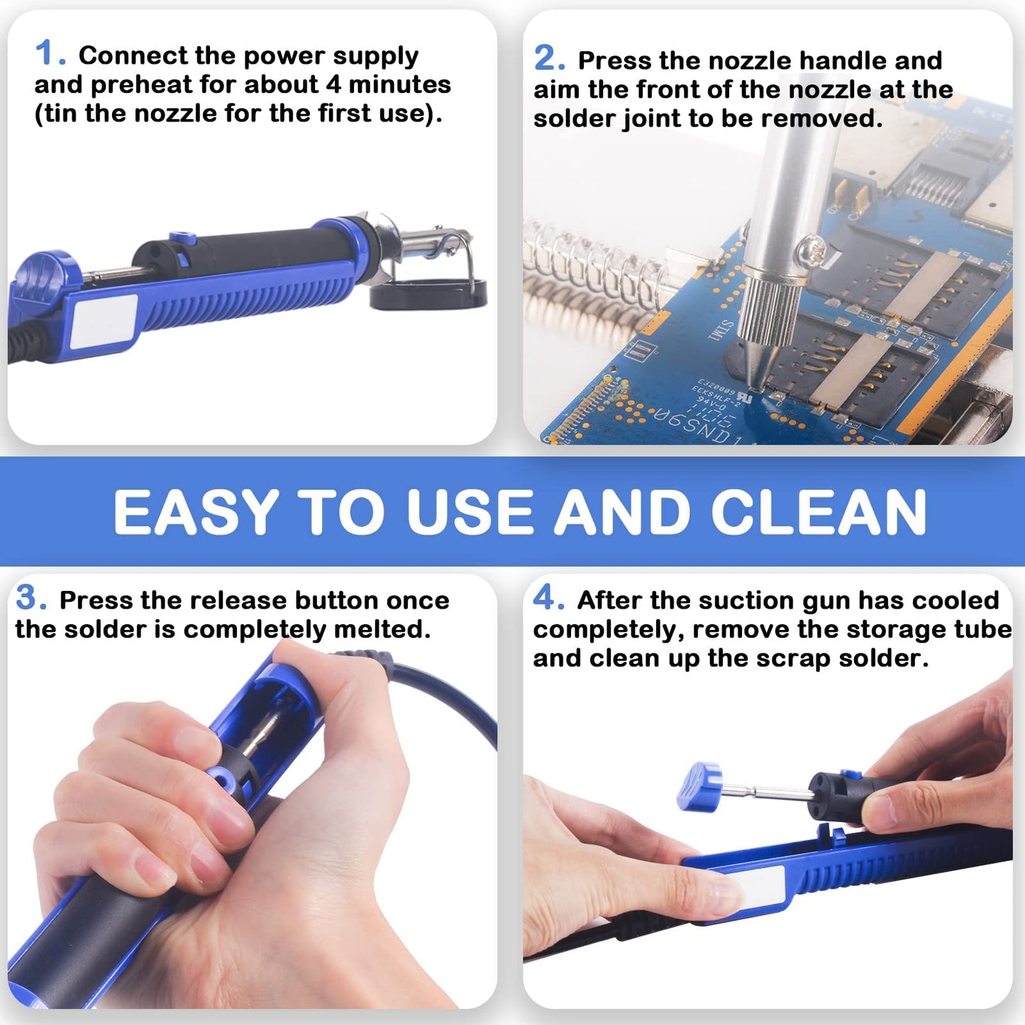 K KERNOWO 929D-V Electric Desoldering Soldering Iron Sucker – Desoldering Pump Tool with 1.0mm & 1.2mm Nozzles, Desoldering Gun with Wick & Cleaning Pin for Through-Hole Solder Removal
