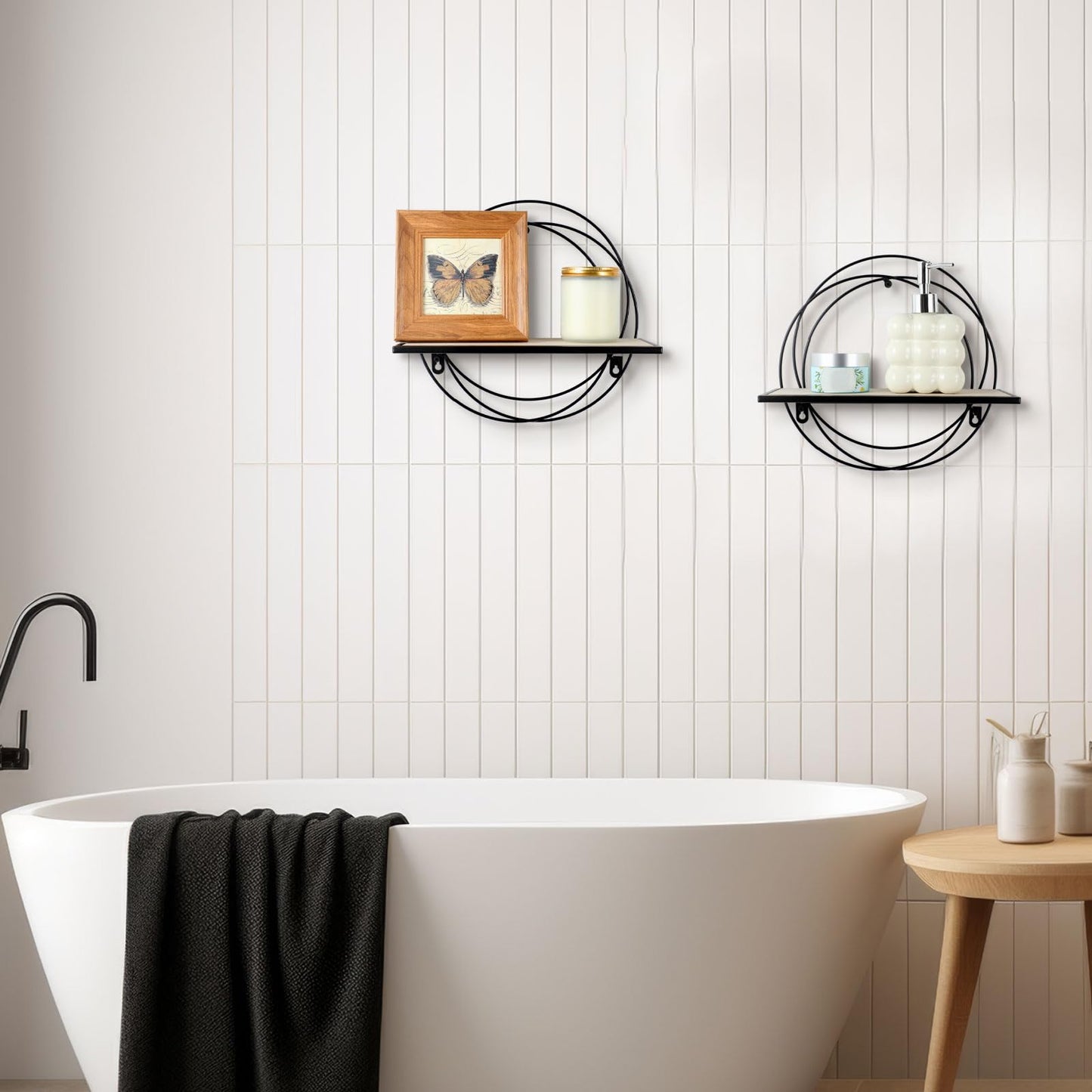 Yaocom 3 Pcs Floating Shelves Wall Mounted Hanging Shelf with Metal Wire and Wood, Foldable Round Shelf Wall Decor for Storage Bedroom Bathroom Living Room Kitchen Office Home Decoration (Black)