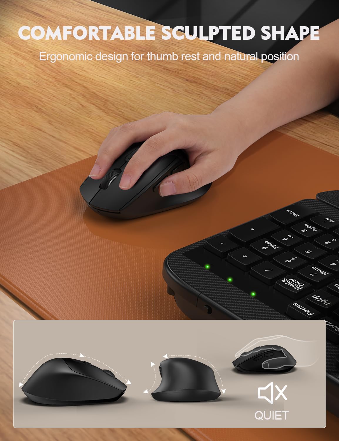 Wireless Keyboard and Mouse Combo, EAYBLLY Wave Keys Wireless Ergonomic Keyboard with Cushioned Wrist Rest, Phone Holder, 2.4GHz Silent Cordless Keyboard Mouse Set for Computer, Laptop, PC, Windows