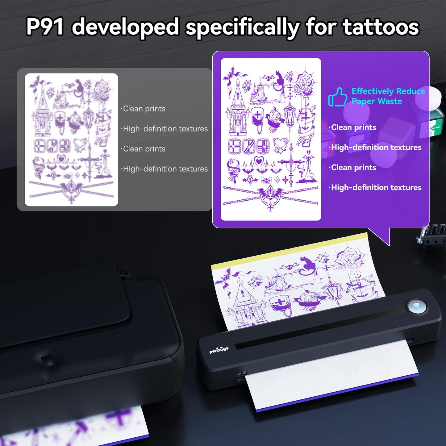 PeriPage P91 Tattoo Printer with Tattoo Stencil Paper,Wireless Thermal Tattoo Printers Compatible with Phone,Pad & PC