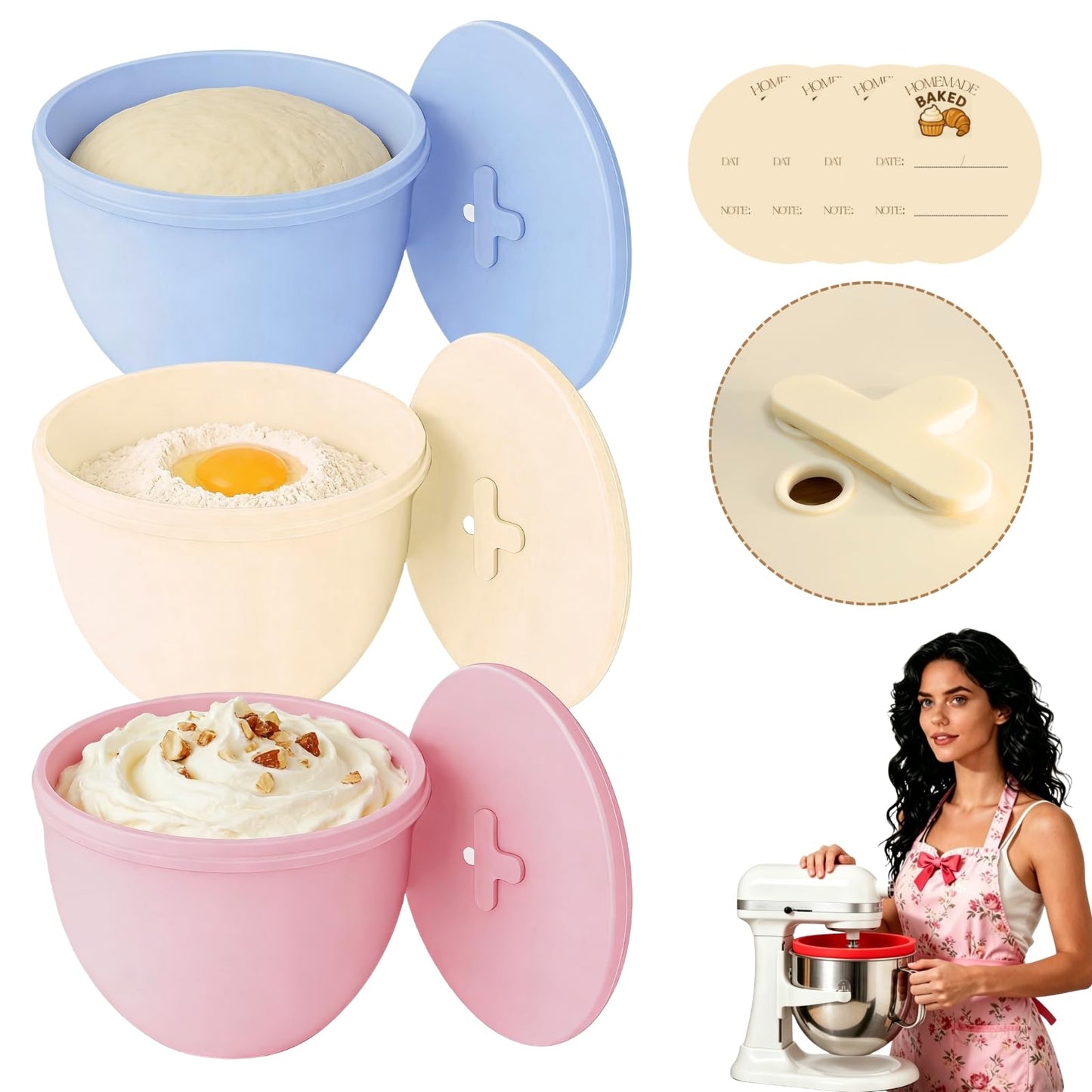 Jorivel 7 Qt 3-Pack Multicolor Silicone Liners with Vented Lids Compatible with KitchenAid Mixer, 2mm Extra-Thick Silicone Bowl Insert for Baking and Cooking, Mixer Parts & Accessories