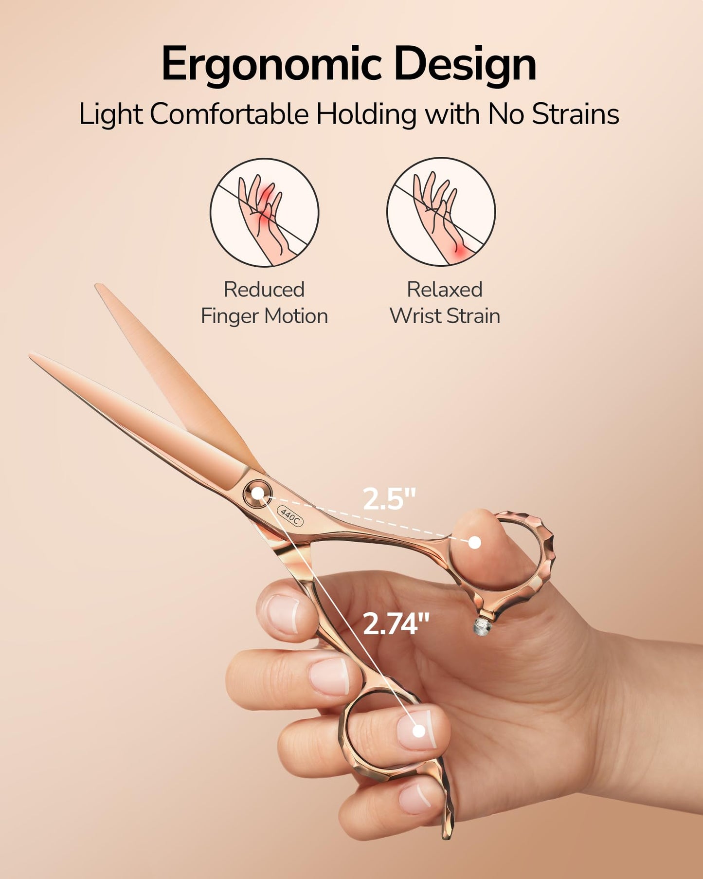 ULG Professional Hair Cutting Scissors with Luxury 18K Rose Gold Finish 6.5” Barber Scissors 440C Japanese Stainless Steel Hand-Honed Razor Sharp Blades Offset Handles Tension Adjustable, Right-Handed