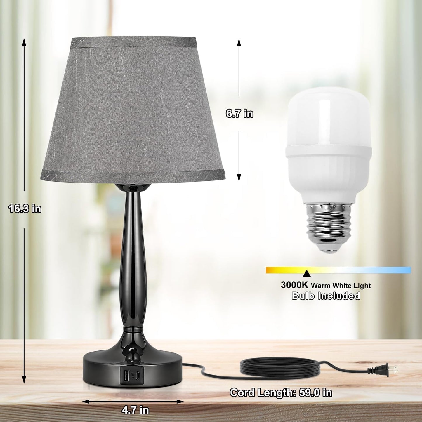 Kakanuo Touch Table Lamp for Bedroom Set, Small Bedside Lamps Set of 2 with USB C Charging Port, 3 Way Dimmable Touch Control Nightstand Lamps, LED Bulb Included