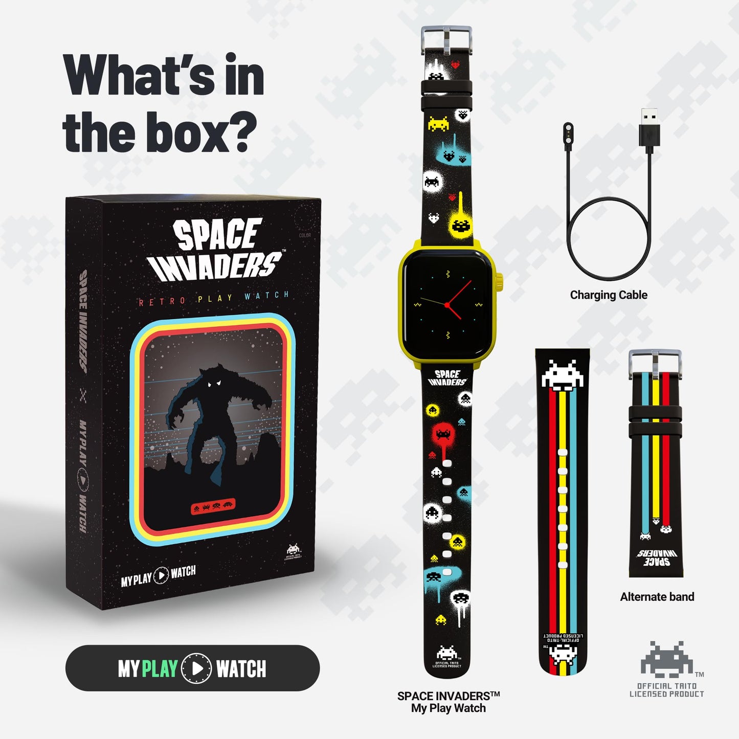 My Play Watch Space Invaders Retro Gaming Smart Watch, Selective Tech, Red Bezel, Non-Connected, Built-in Space Invaders™ Game, Custom Watch Faces, Classic Arcade Sound, IP67 Rating