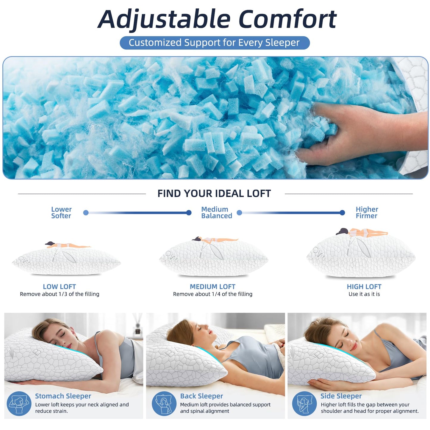 Yettbea Shredded Memory Foam Cooling Pillows Queen Size Set of 2, Supportive Firm Bamboo Bed Pillows- Adjustable Loft with Zippered Cover for Hot, Side, Back, Stomach Sleeper