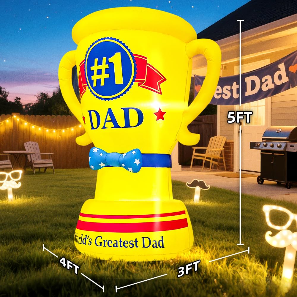 KOOY 5FT Fathers Day Inflatable Outdoor Decoration, Built in LED Lights Fathers Day Balloons Blow Up Father's Day Trophy for Holiday Party, Indoor, Outdoor, Garden, Yard Lawn Decor
