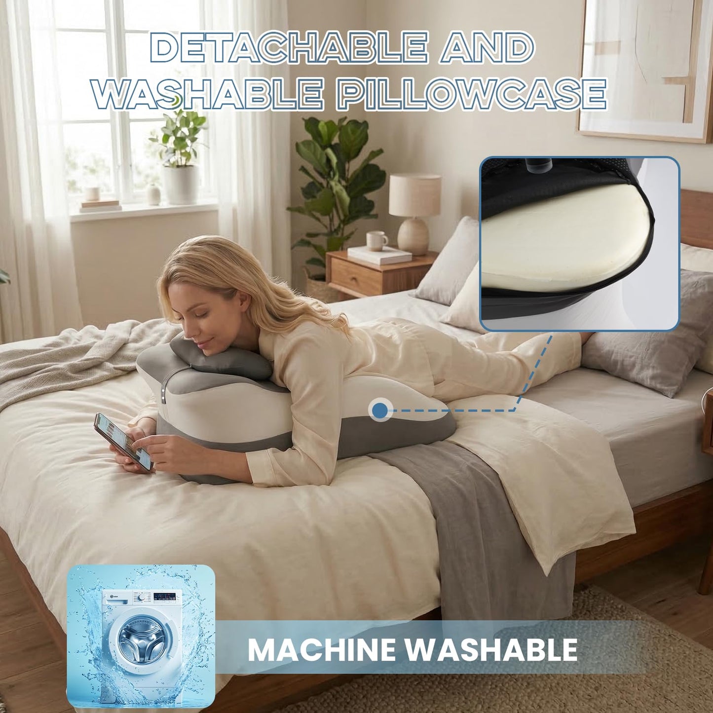 obvade Memory Foam Ergonomic Reading Pillow for Bed, Multi-Position Support Pillow for Reading in Bed, Prone Sleeping, Lumbar & Leg Support, Helps Relieve Back Pain, Acid Reflux, with Removable Cover