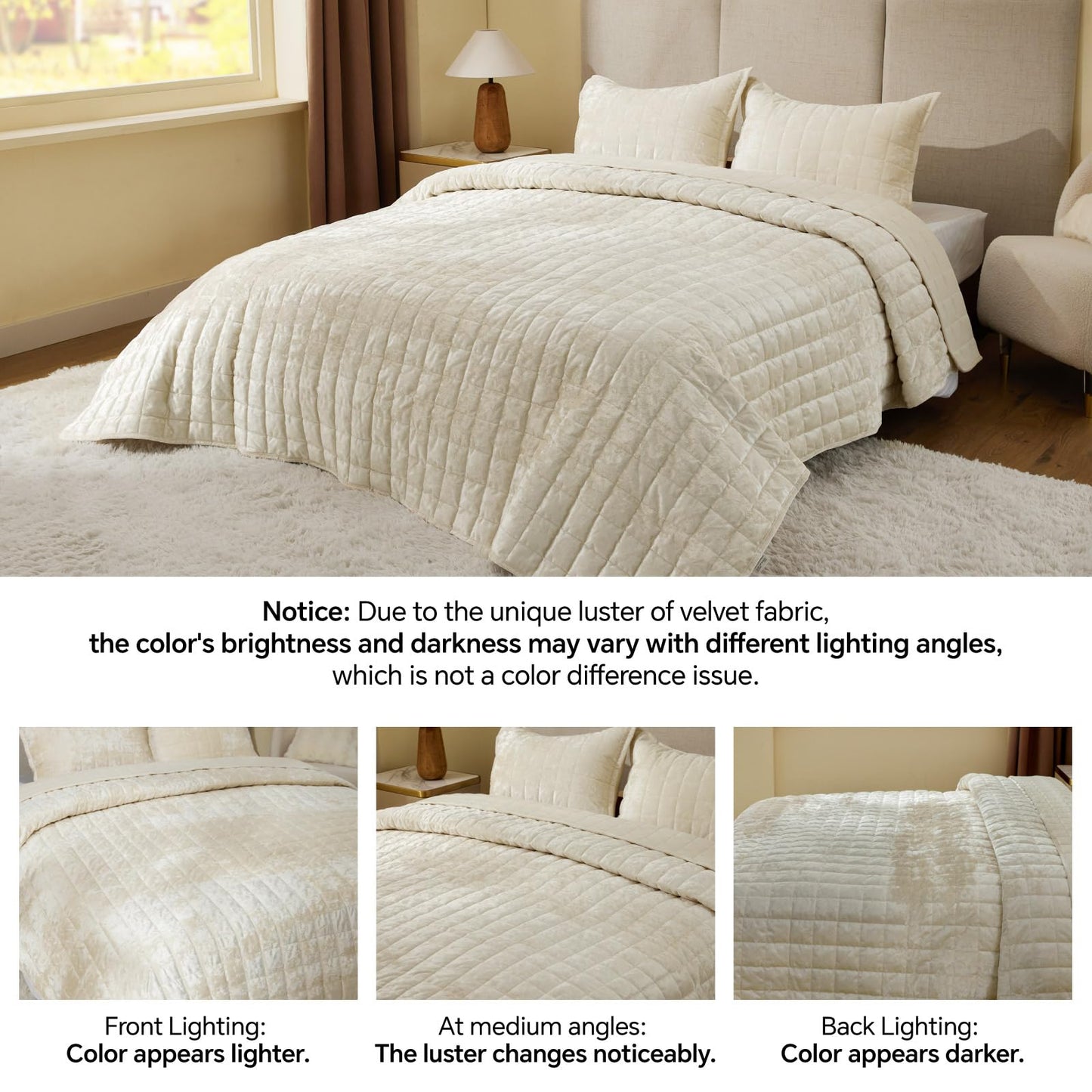 BEDELITE Velvet Quilt Set King Size - Luxury Velvet Comforter Bedding Set 3 Pieces, Lightweight Soft Cozy Shiny Cream White Oversized Bedspread Coverlet for All Seasons with 2 Pillow Shams