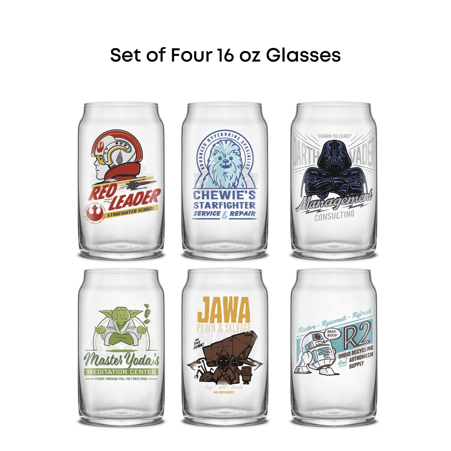 JoyJolt Star Wars Retro Vintage Collection 16.9oz Glass Tumblers - Featuring Darth Vader, R2D2, Yoda, Chewbacca, Red Leader, Jawa - Original Trilogy Drinkware, Set of 6 with Glass Straws