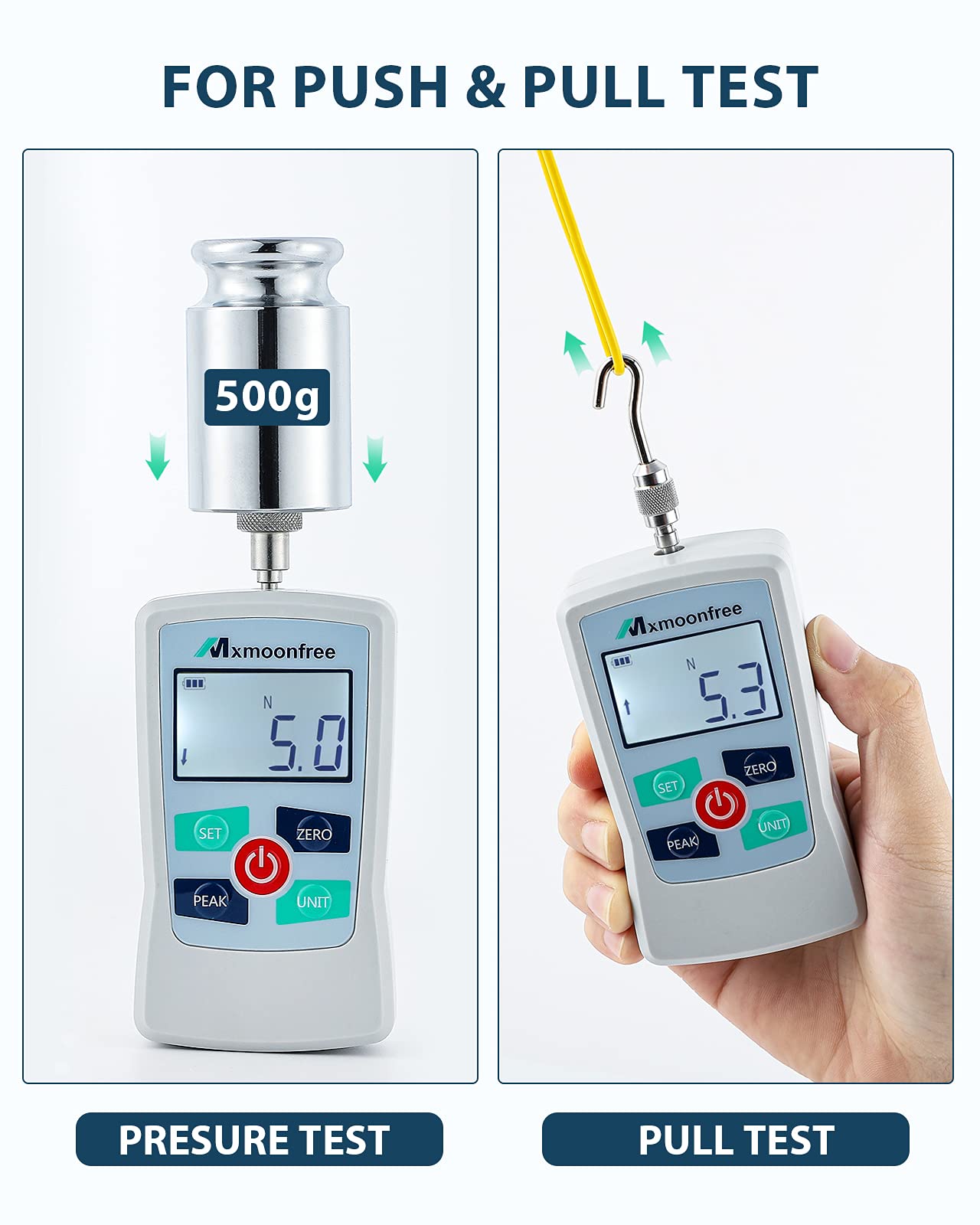 Mxmoonfree 500N Digital Force Gauge Push Pull Gauge Portable Force Meter with Units N/LB/Kg/Oz, Storage Case, Auto Backlit LCD, Auto Power-Off for Teaching School Lab Mechanical Physics (ZMF-500N)
