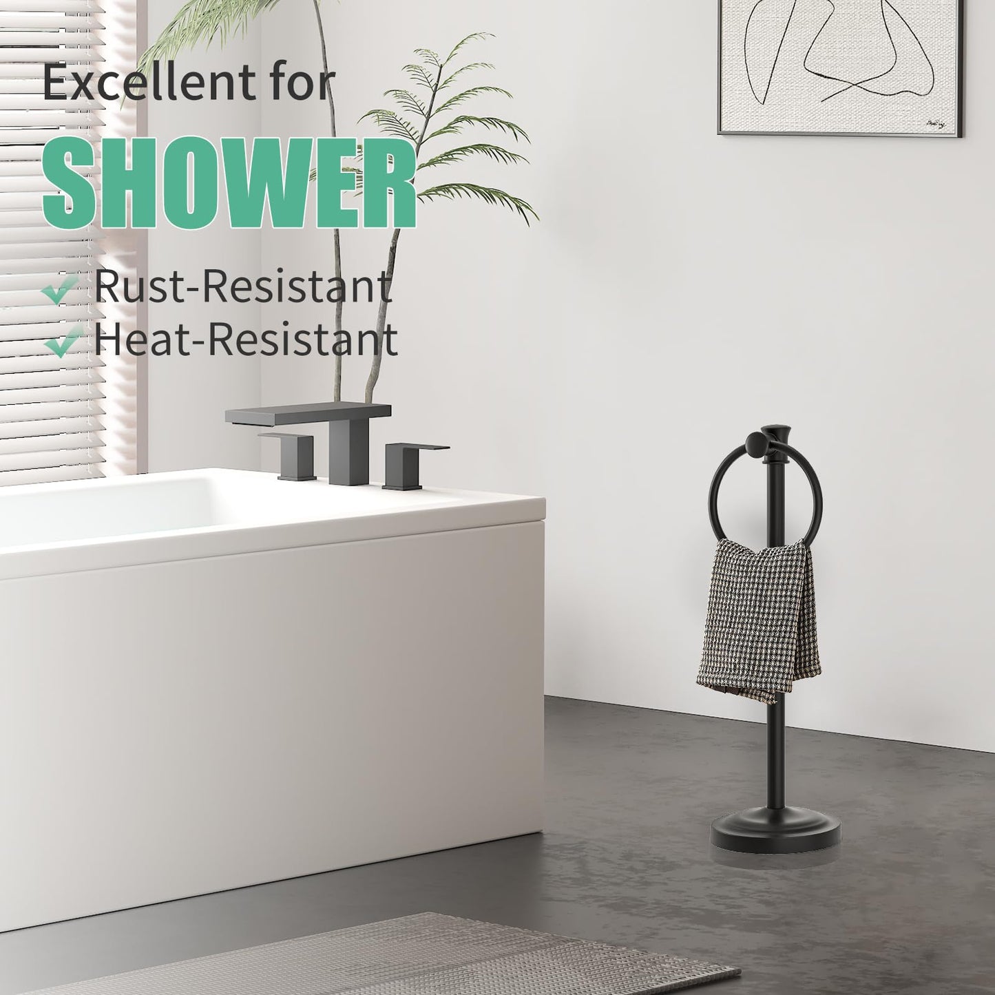 Hoimpro 17 Inch Stand Hand Towel Holder Towel Bar Towel Hanging Ring, Free Standing Floor Hand Towel Rack Storage for Bathroom Kitchen Vanity Countertops, Hardware Accessories(Matte Black)