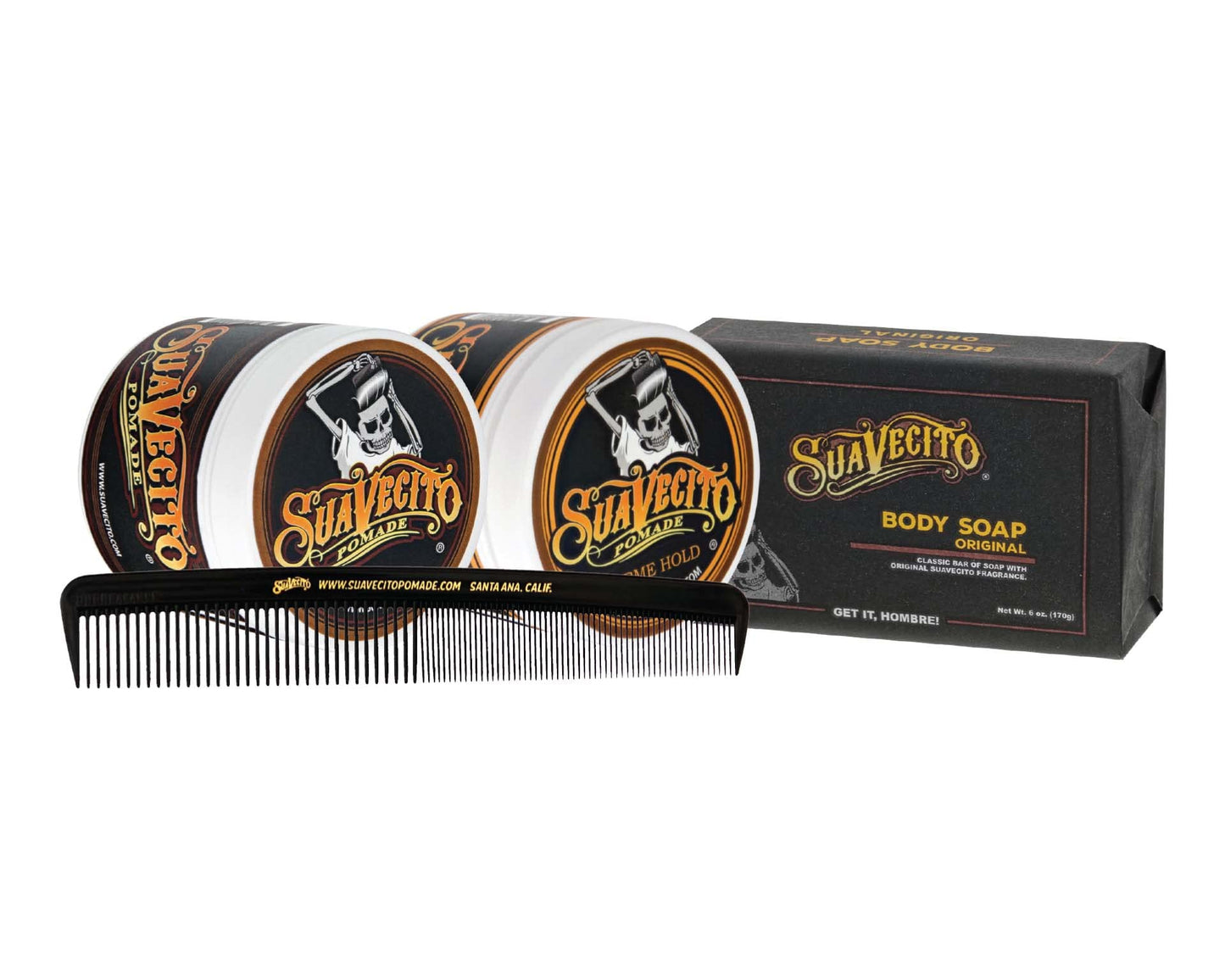 Suavecito Men's Hair Grooming Set OG & Firme (Strong) Hold Pomade, Body Soap, Large Deluxe Comb & Sand Canvas Bag