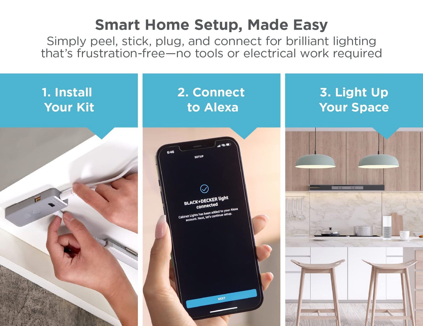 BLACK+DECKER Compatible with Alexa Smart LED Under Cabinet Lighting Kit, Motion Sensor, Dimmable , 3 Color Settings, For Kitchen, Cabinets and Closets, (4) 9" Bars, White, A Device
