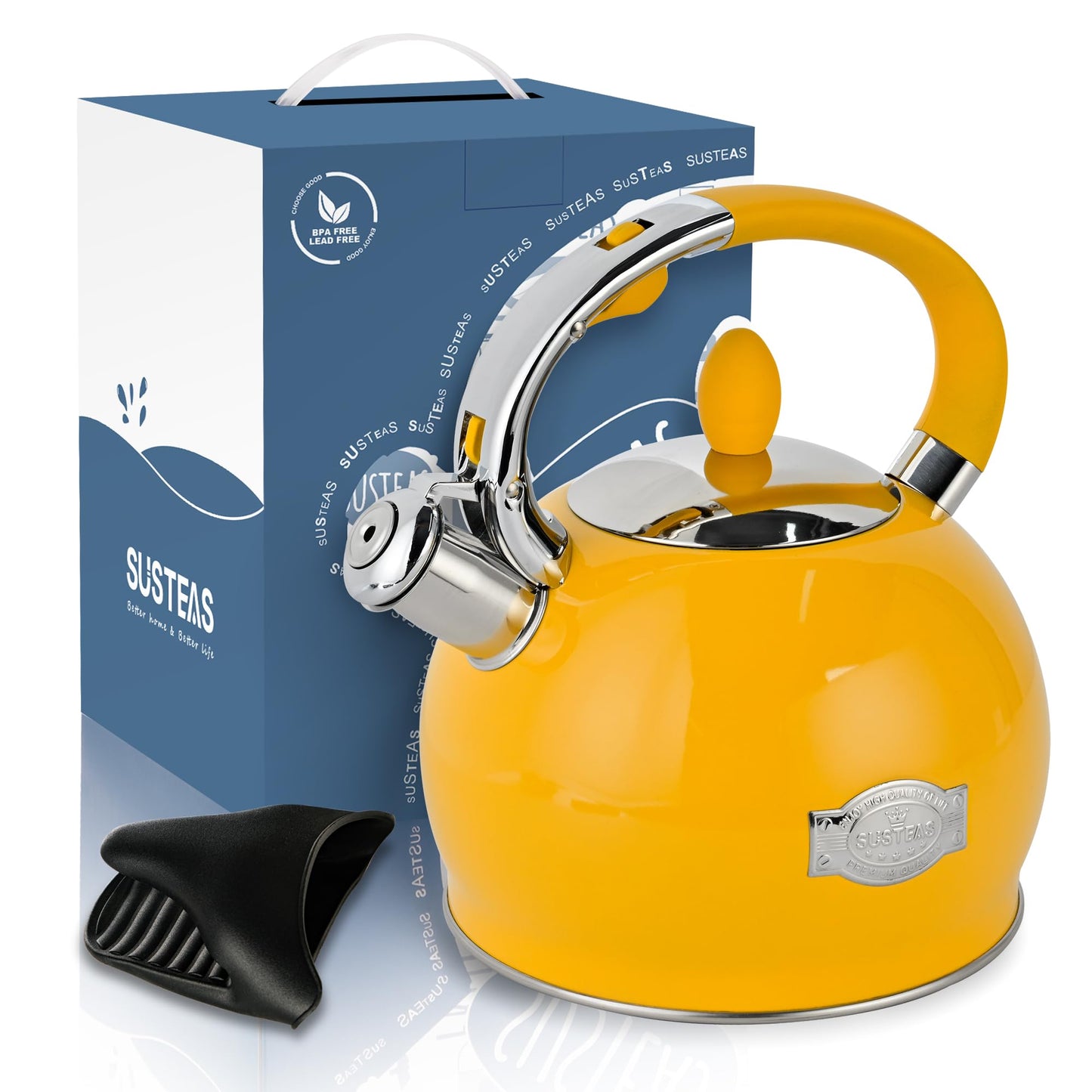 SUSTEAS Stove Top Whistling Tea Kettle - Food Grade Stainless Steel Teakettle Teapot with Cool Touch Ergonomic Handle, With 1 Silicone Pinch Mitt Included, 2.64 Quart,YELLOW