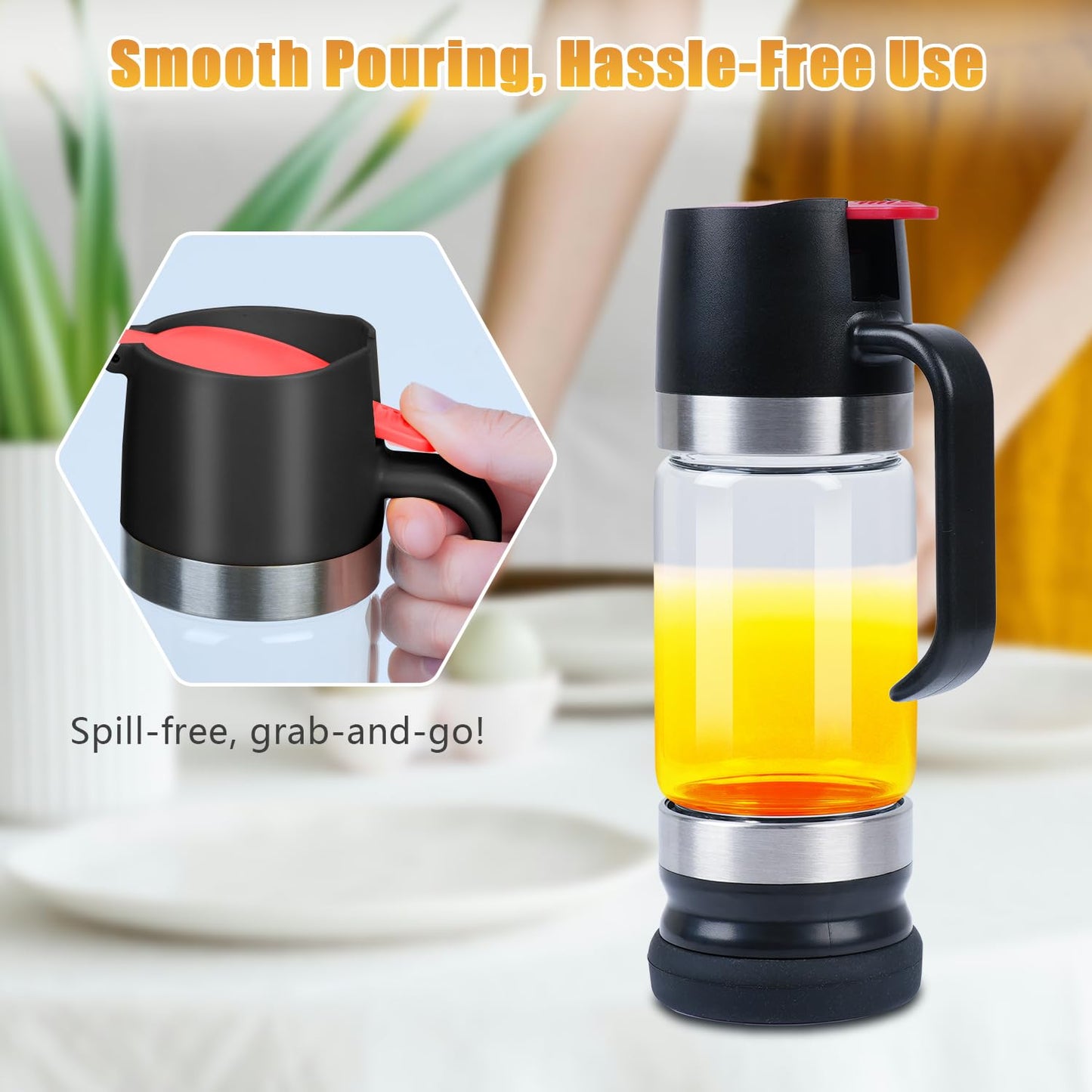 Honey Dispenser 12Oz 2Pack No Drip with Stand, Glass Honey Jar, Syrup Dispenser, Easy One Hand Use Honey Pot for Coffee or Tea, Mess Free Honey Dispenser for Syrup, Honey Container (2Pack Black)