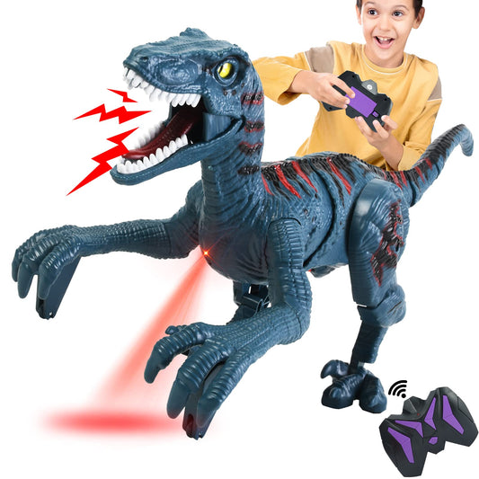 APOBATK Remote Control Velociraptor Toy - Realistic Walking Dinosaur with Lights & Sounds - STEM Toy for Boys Ages 5-7 & 8-12 Blue