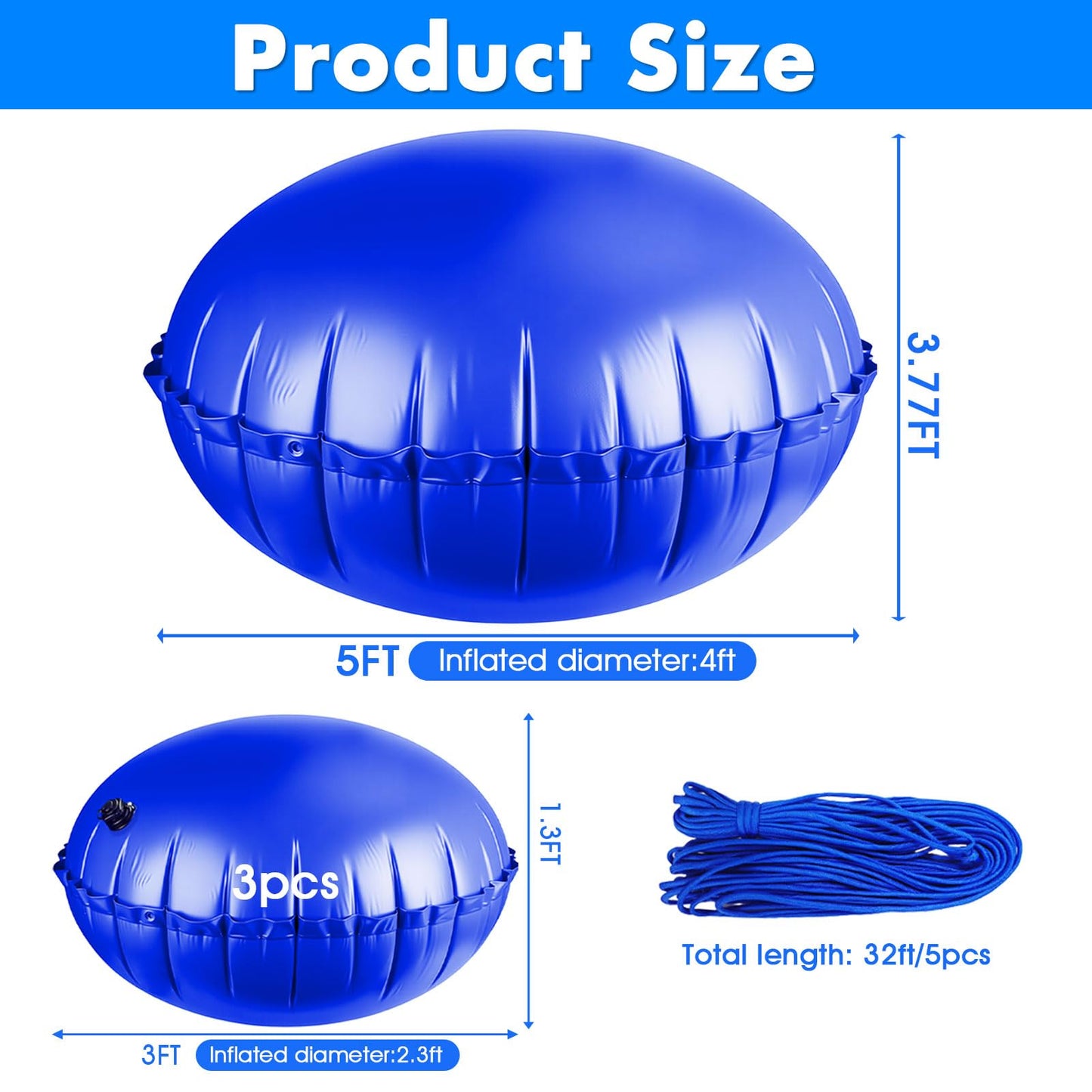 4+1 Combined Pool Pillow,Inflatable PoolPillows for Above Ground Pools with 5Pcs 10m Ropes,Pool Air Pillow for Support Swimming Pool Covers(Dark Blue, 5ft Dia + 4Pcs 3ft Dia)