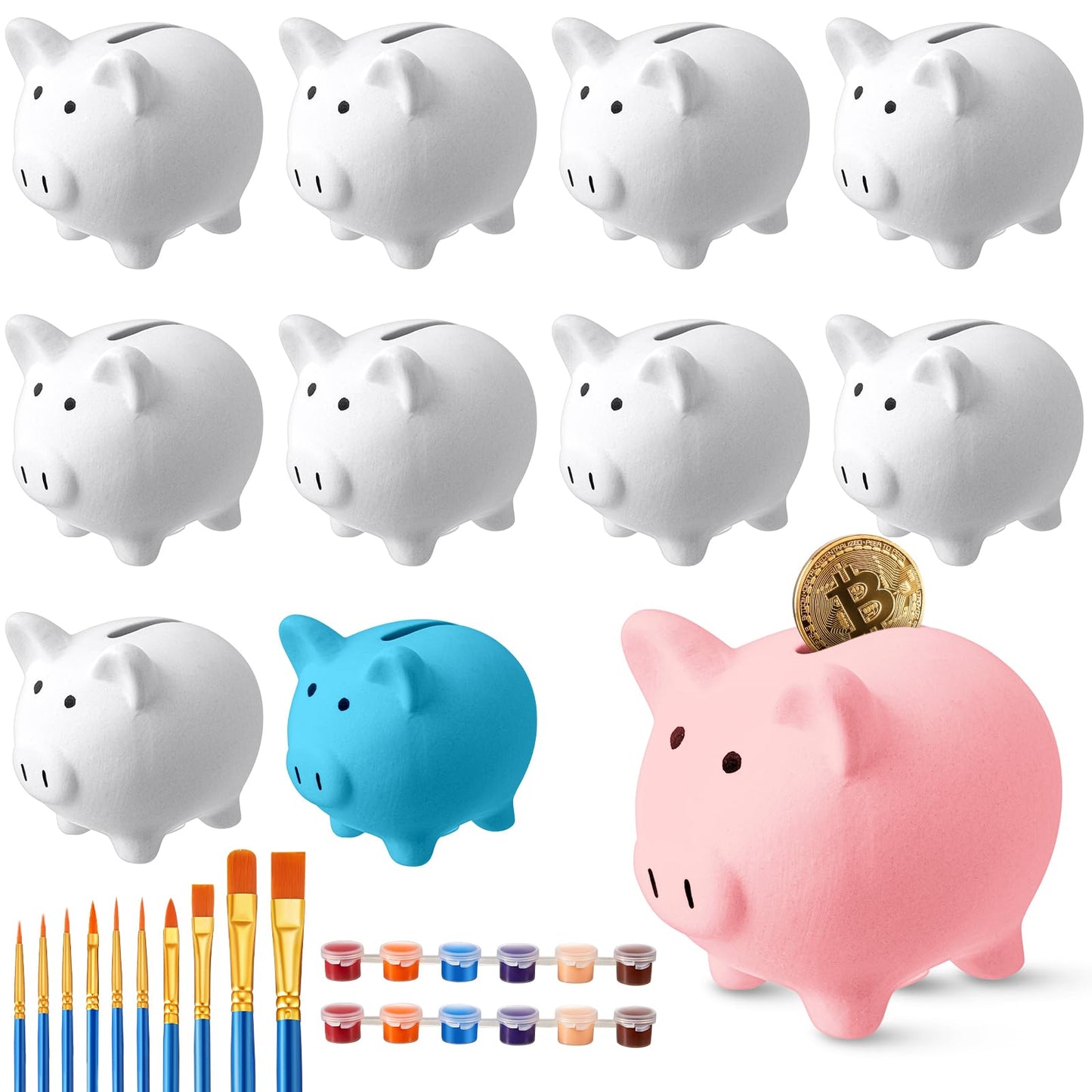 Skybooly 12 Pcs DIY Ceramic Piggy Banks - White, Compact Coin Bank for Boys & Girls Aged 8+, Unisex - Includes 2 Paint Strips & 10 Brushes