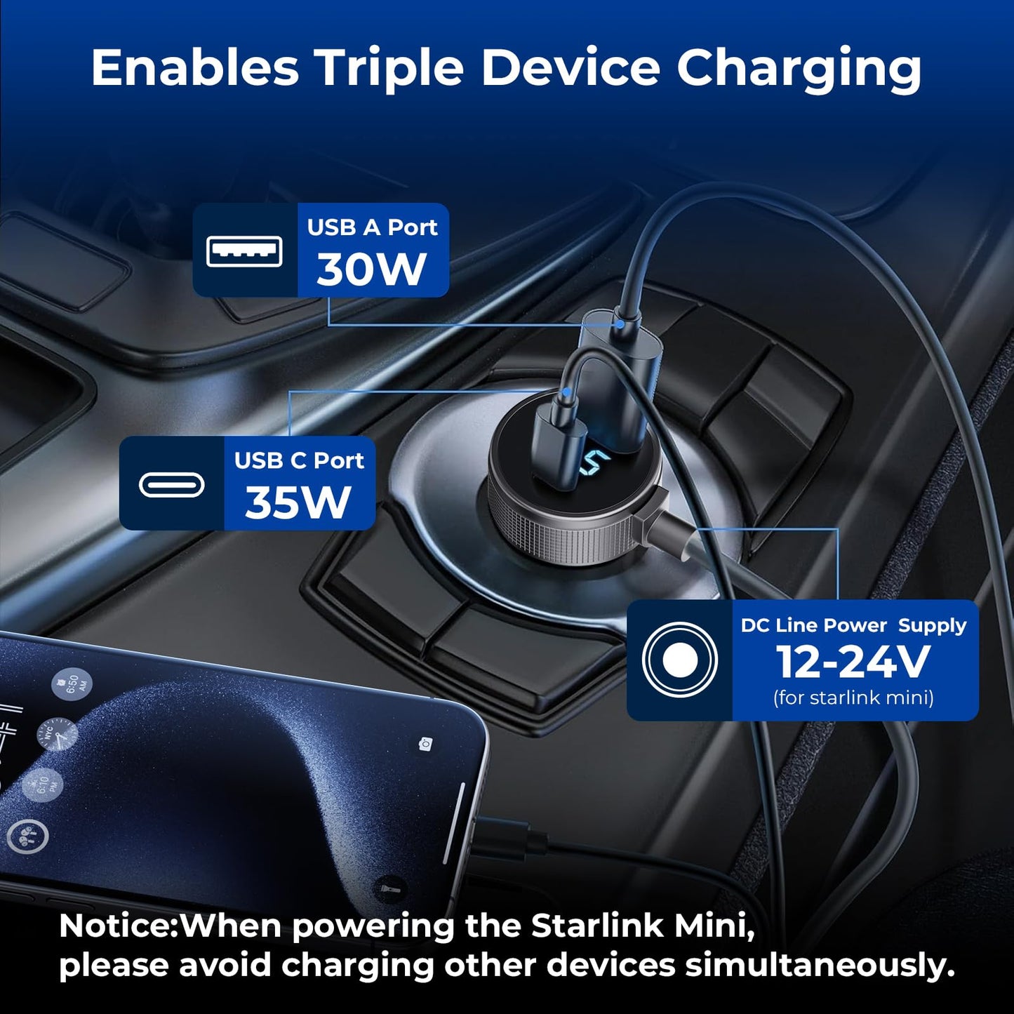 Starlink Mini Cable, 3 in 1 Starlink Mini Car Charger DC Power Cable+ Cigarette Lighter Adapter 12V-48V with Digital Display, Durable USB C PD 40W and USB A 35W Ports for Trucks and Cars (16.4FT)