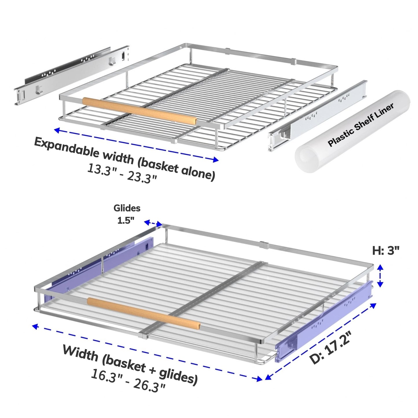 KIKIBRO Pull Out Drawer Cabinet Organizer, Expandable Slide Out Storage Shelves - Heavy Duty, Durable and Smooth Slide-Out, Opening Size Required 16.3"~26.3" 2 Pack