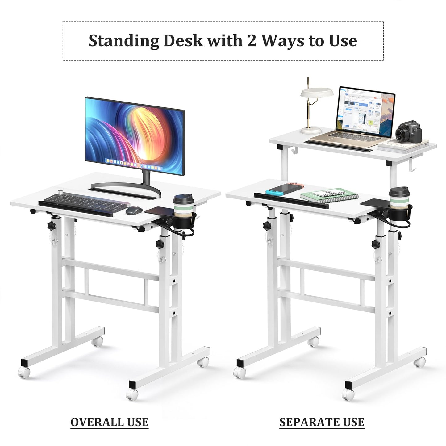 Enayplon Small Standing Desk with Wheels, Mobile Stand Up Desk, Portable Standing Table on Wheels for Walking Pad, Rolling Computer Desk Adjustable Height, Tall Table