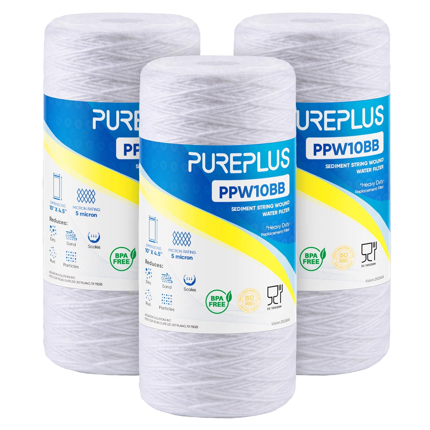 PUREPLUS 5 Micron 10 x 4.5 Whole House String Wound Sediment Filter for Well Water, Replacement Cartridge for 84637, WPX5BB97P, PC10, 355214-45, 355215-45, WP10BB97P, WP5BB97P, 3Pack