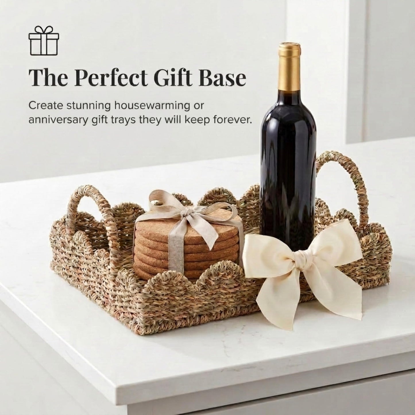 Household Essentials Seagrass Decorative Tray with Scalloped Edge, Handwoven Natural Wicker Organizer Basket with Handles & Iron Frame for Coffee Tables, Bathrooms & Countertops