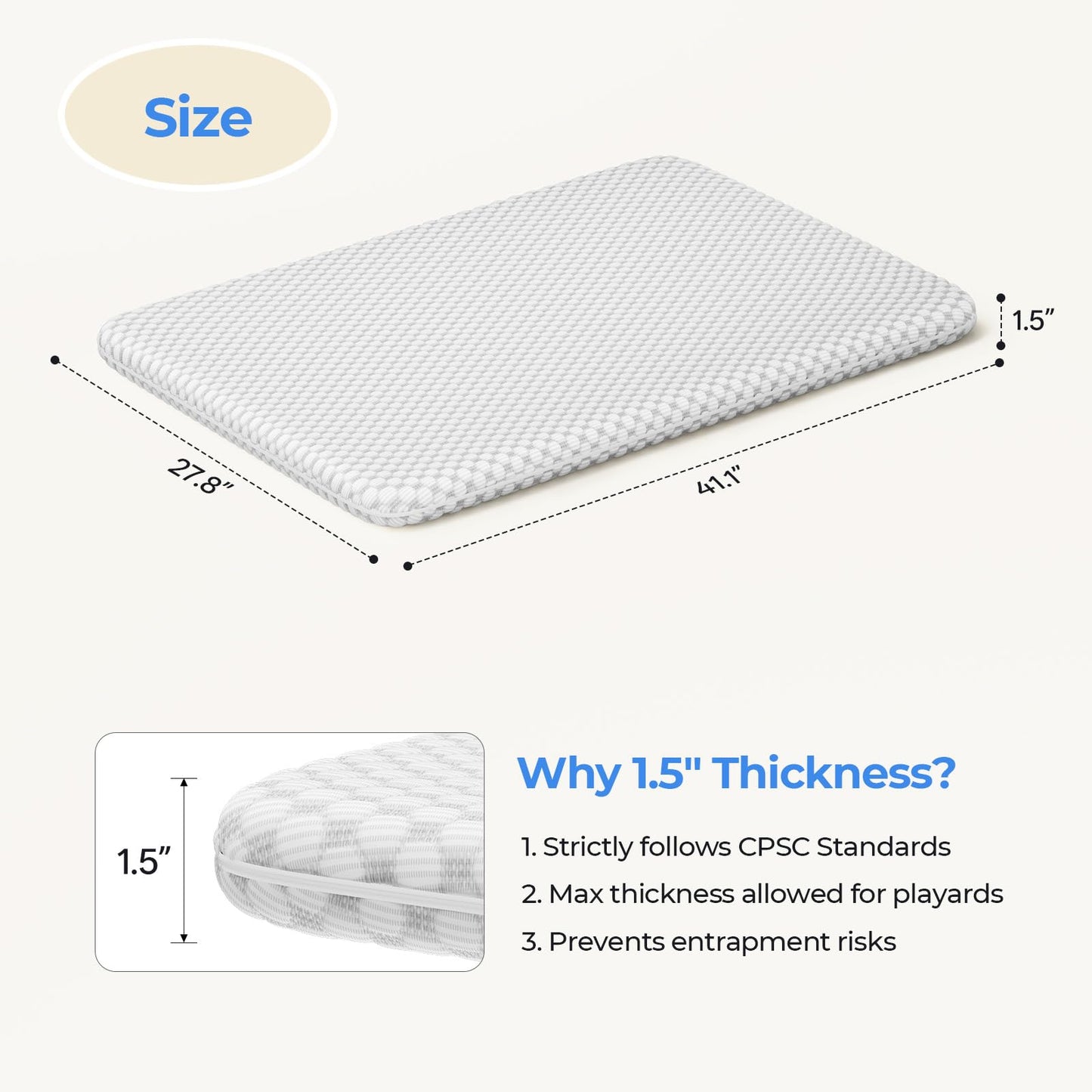 GAIVE 1.5in Mattress Fit Pack and Play & Baby Bassinet, Gel Memory Foam with Waterproof & Breathable Ice Silk Cover, 41.1"x27.8" （Grey）
