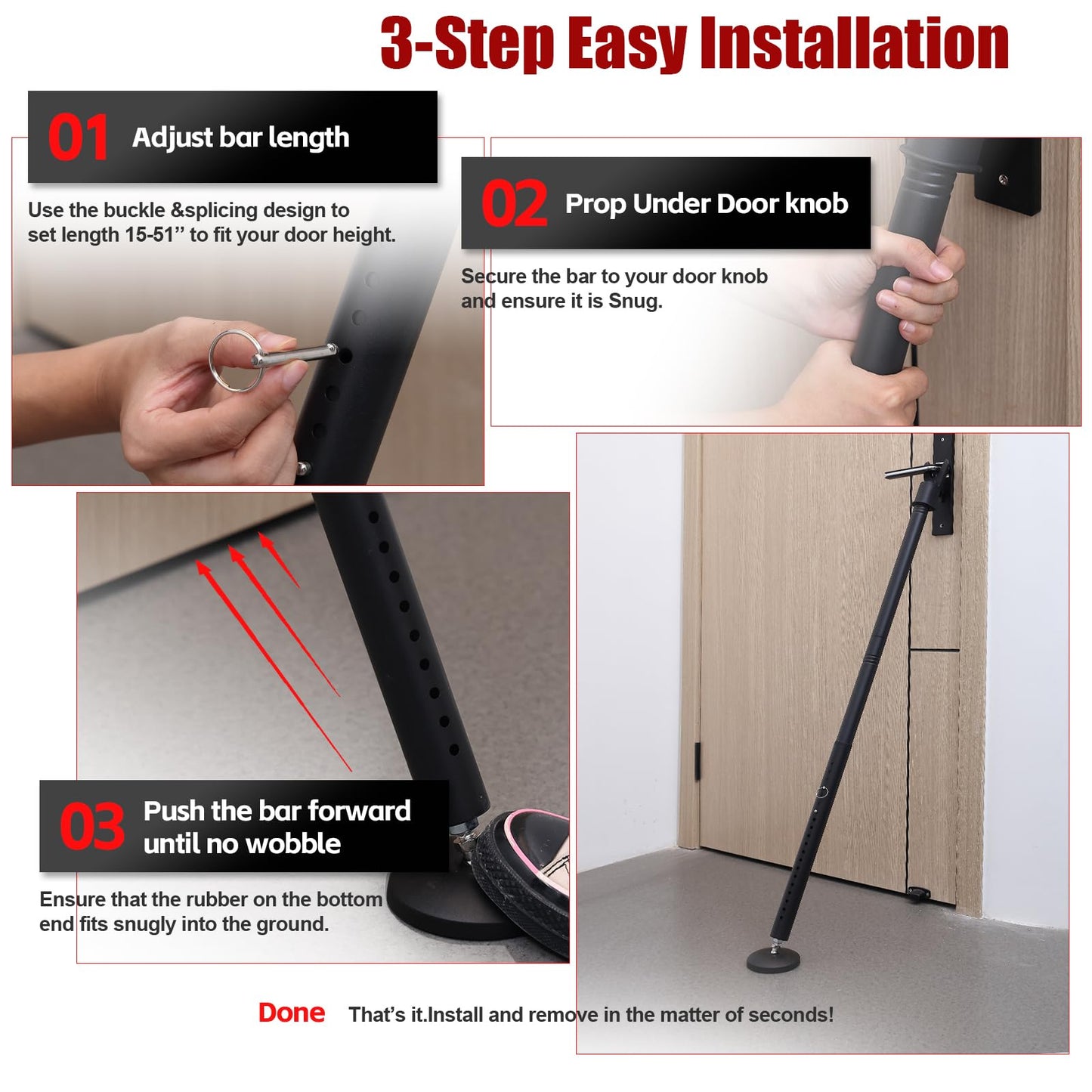 2 Pack Door Security Bar, Heavy Duty Door Brace for Front Doors, Sliding Doors & Windows, 24.5"-50.7" Adjustable Door Stopper with Anti-Slip Base for Home, Travel, Hotel & Dorm Security