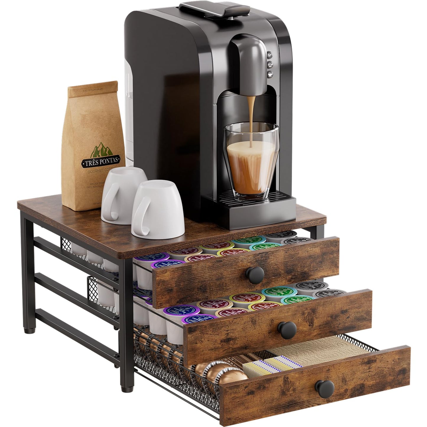 Coffee Pod Holder for Countertop, 3 Tier K Cup Holder Drawer, Coffee Bar Organizer 60 Coffee Pods Storage Organizer with Sliding Drawer for Coffee Station