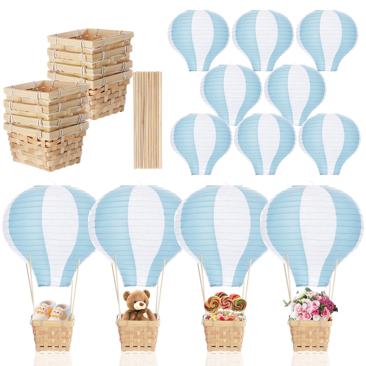 Meooeck 8 Sets Blue Hot Air Balloons Decorations Baby Shower Table Centerpieces 11.8'' Paper Lantern with Basket for Gender Reveal Birthday Wedding Graduation School Party Supplies