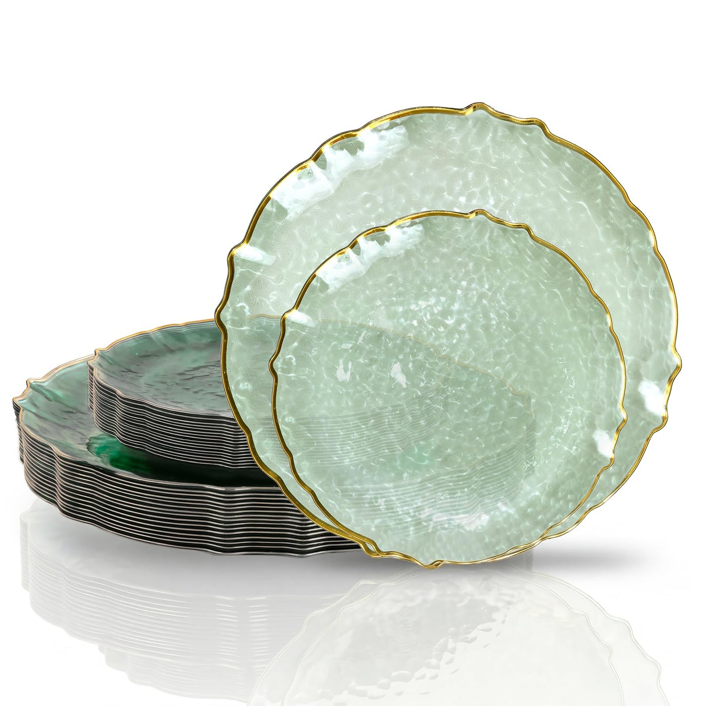 bUCLA 40PCS Sage Green Plastic Plates Disposable - Fancy Clear Hammered with Gold Lace-Edge - Include 20 Each (10inch Dinner & 7inch Dessert) Plates for Party, Birthday & Daily Use